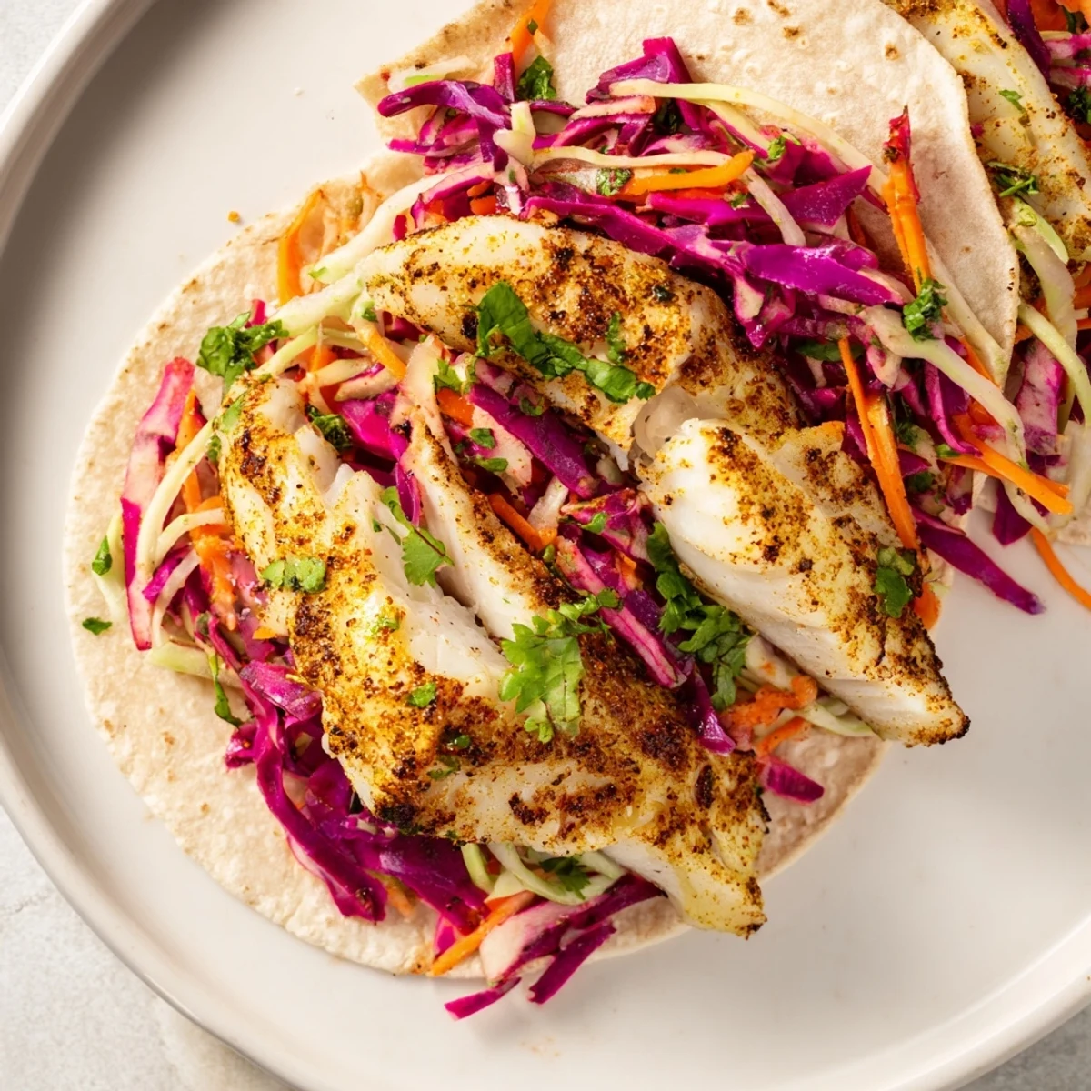 These Cajun Spiced Fish Tacos with Slaw showcase succulent white fish and tangy slaw, perfect for a quick weeknight Tex-Mex dinner.
