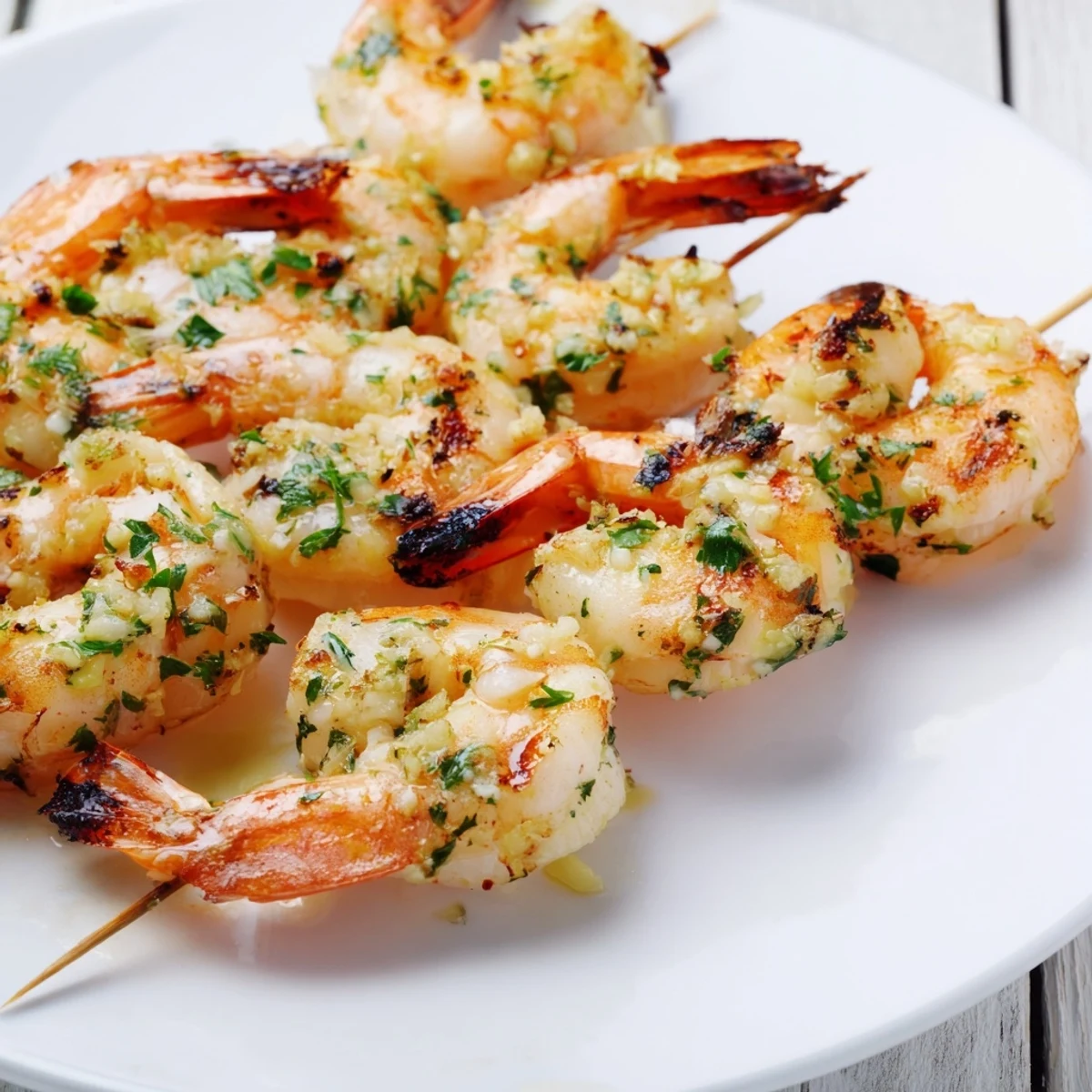 Grilled Lemon Garlic Shrimp Skewers sizzling with a charred edge and a bright, buttery finish.  