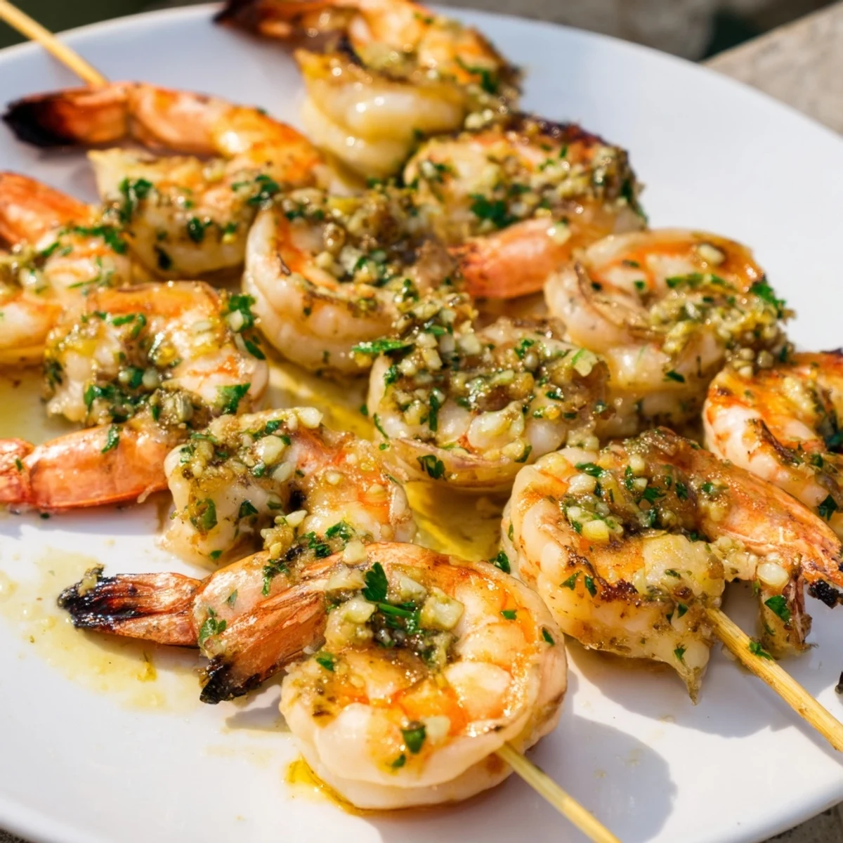Lemon Garlic Shrimp Skewers served over a fresh salad, drizzled with extra lemon juice.  