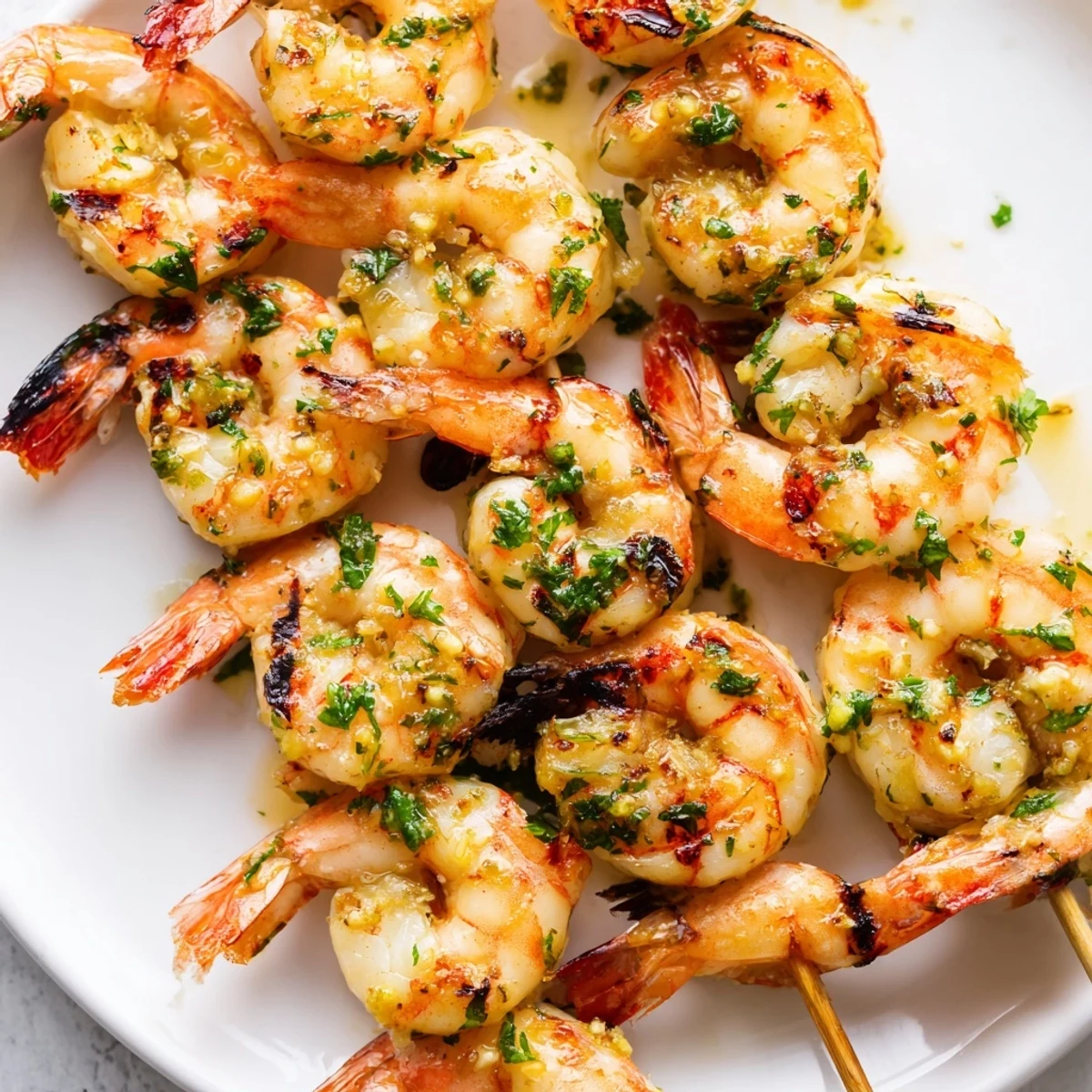 Juicy Lemon Garlic Shrimp Skewers paired with warm crusty bread for dipping into the garlicky marinade.