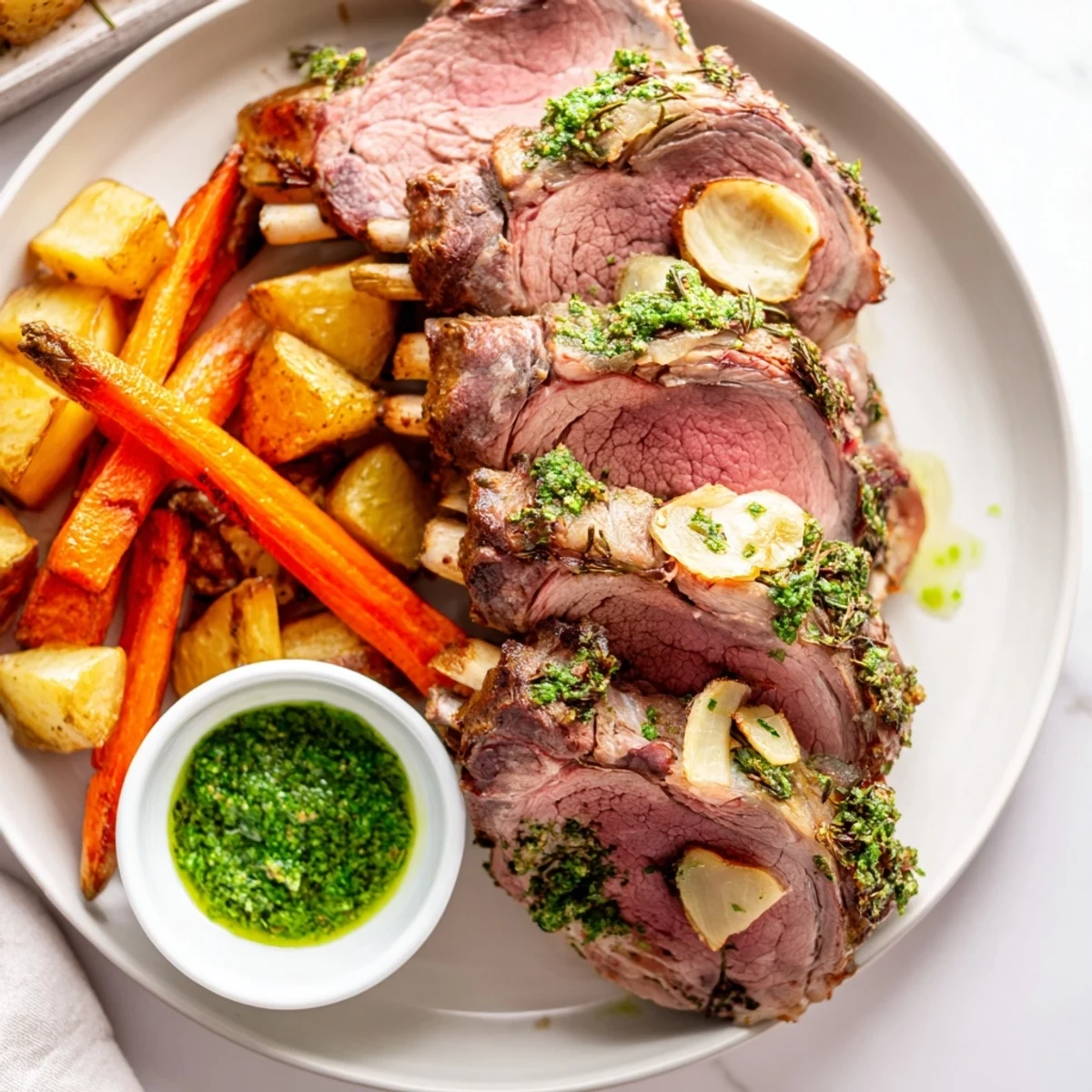 A beautifully roasted leg of lamb with golden, herb-crusted skin, served with a vibrant green mint sauce.