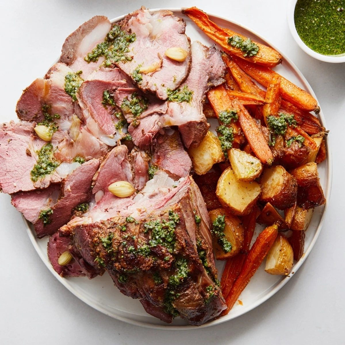 A succulent slice of Roasted Leg of Lamb with Mint Sauce on a plate, surrounded by roasted root vegetables.
