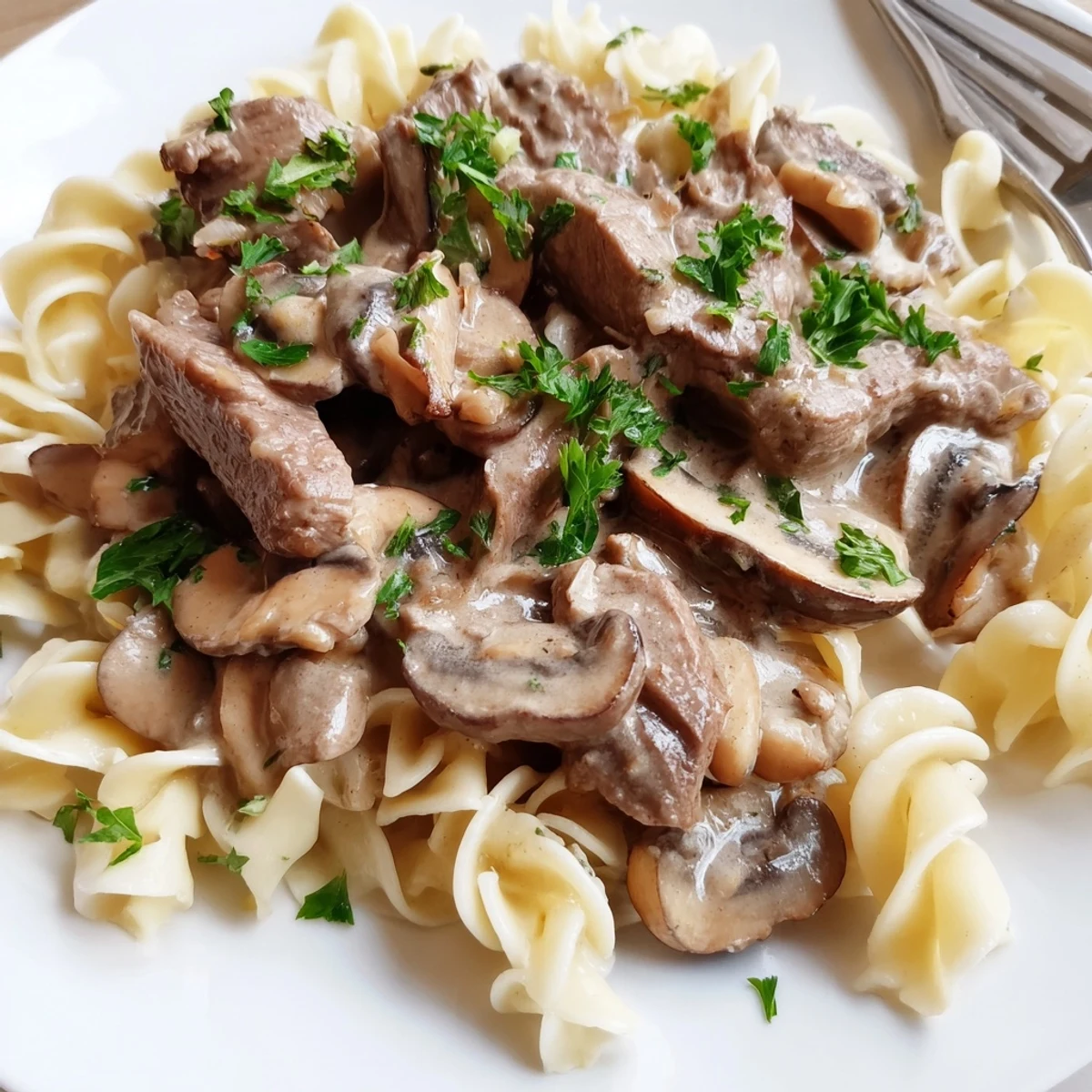 A hearty skillet of Beef Stroganoff, garnished with fresh parsley and served alongside soft egg noodles.  