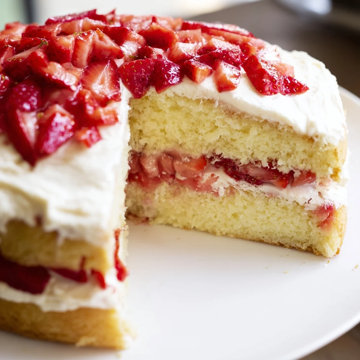 A freshly sliced slice of Strawberry Lemonade Layer Cake shows moist lemon sponge, vibrant pink strawberry filling, and creamy lemon frosting on a white plate.