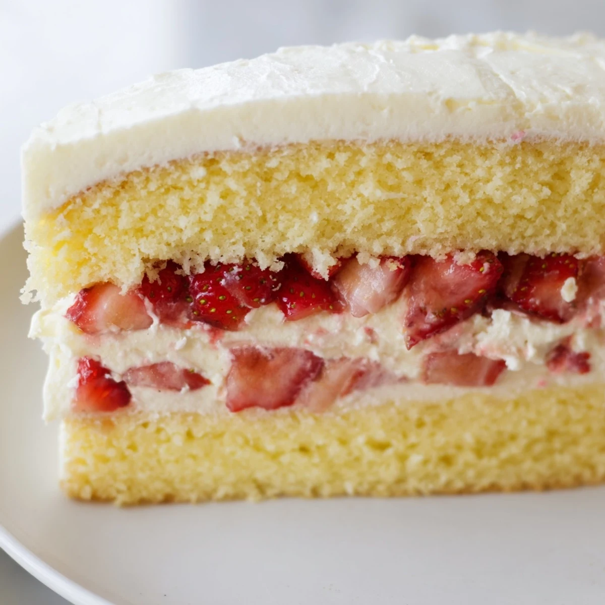 Golden layers of Strawberry Lemonade Layer Cake are stacked high, with glossy lemon cream cheese frosting and a fresh strawberry garnish on top.