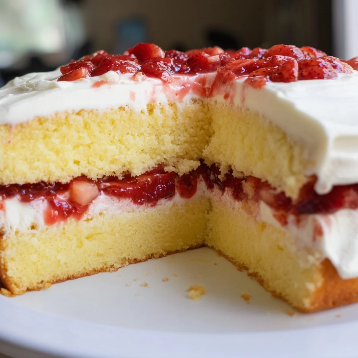 Overhead view of a whole Strawberry Lemonade Layer Cake, decorated with lemon slices and strawberries, ready to serve at a summer gathering.