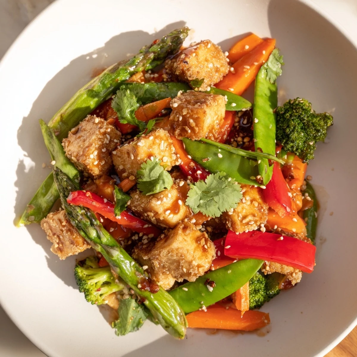 Tofu cubes, golden and crisp, join spring vegetables like asparagus and snap peas in this vibrant stir-fry served in a white bowl.