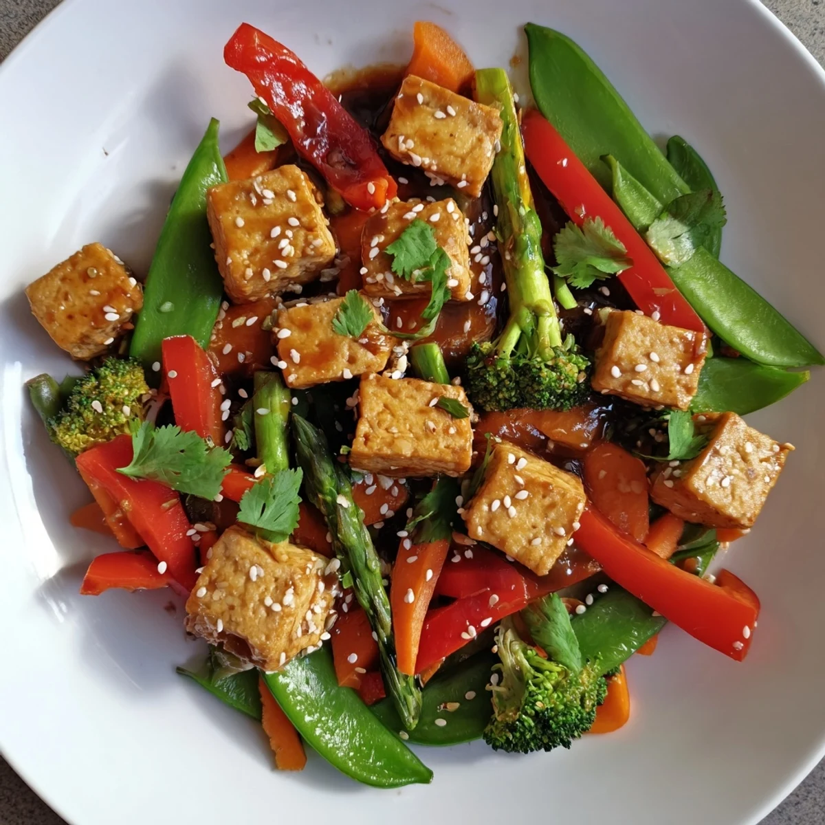 The fresh spring vegetable stir-fry with tofu features colorful peppers and broccoli tossed in a glossy sauce, ready to be garnished with sesame seeds.