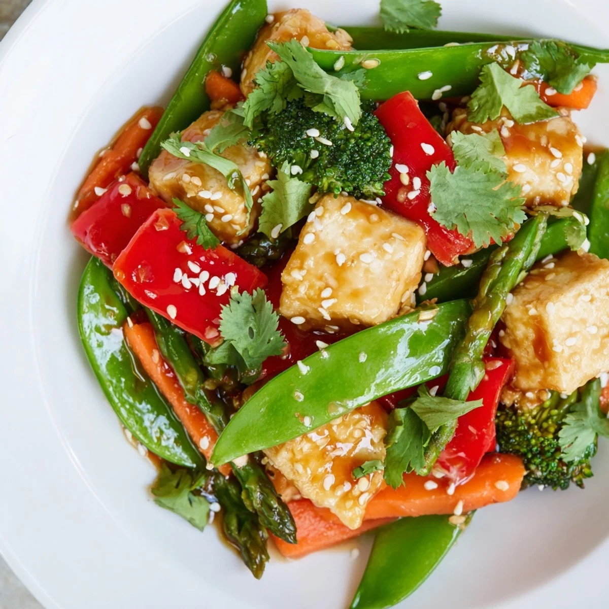 A close-up of this spring vegetable stir-fry with tofu highlights the caramelized edges of the soy-glazed cubes and crisp-tender greens on a rustic plate.