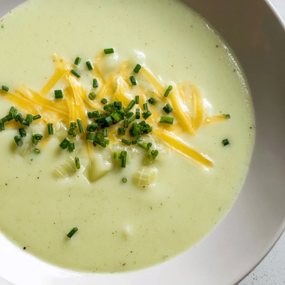Creamy Irish Potato Leek Soup with Cheddar, garnished with fresh chives, served steaming in a rustic bowl.  