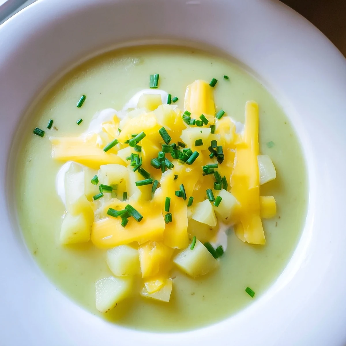 A close-up of velvety Irish Potato Leek Soup with Cheddar, melted cheese swirls, and golden butter notes.  