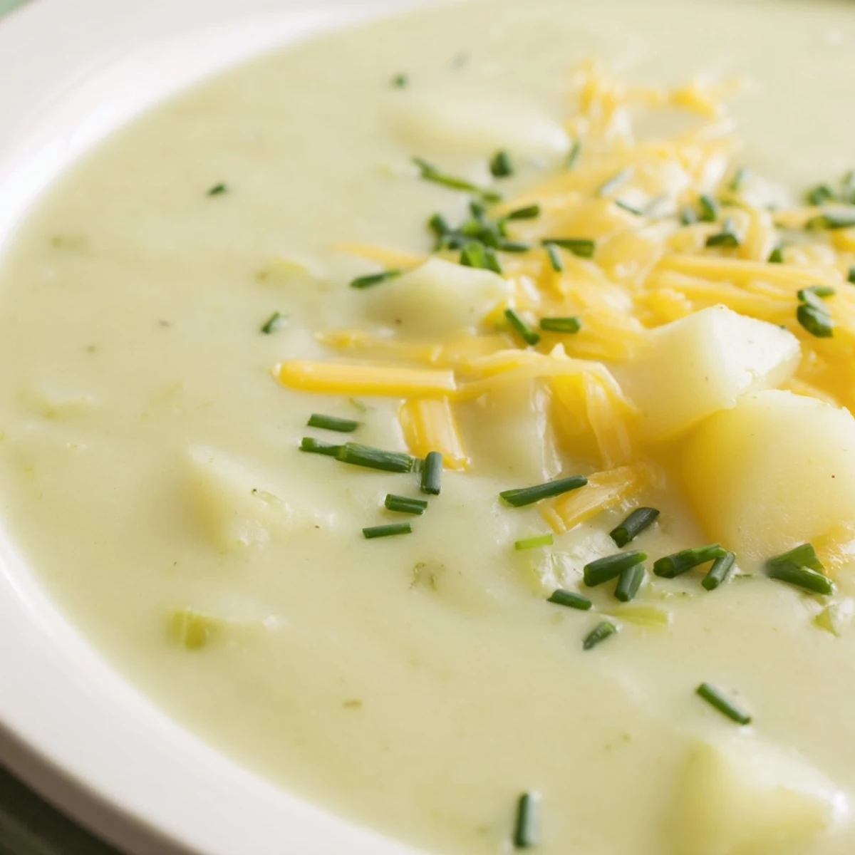Warm bowl of Irish Potato Leek Soup with Cheddar, paired with crusty sourdough and extra grated cheddar.