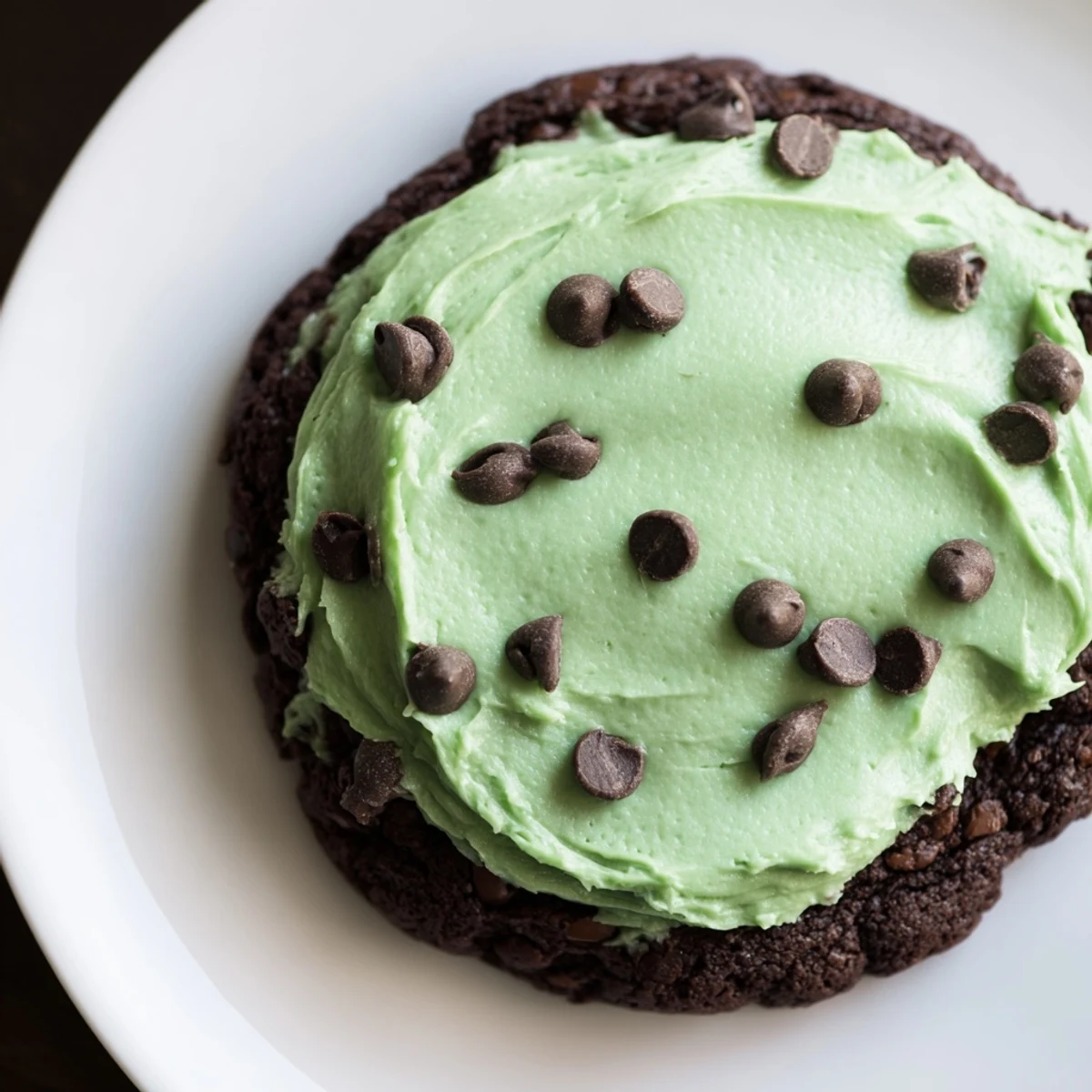 Freshly baked chocolate mint cookies topped with vibrant green frosting, perfect for holiday parties and festive dessert platters.