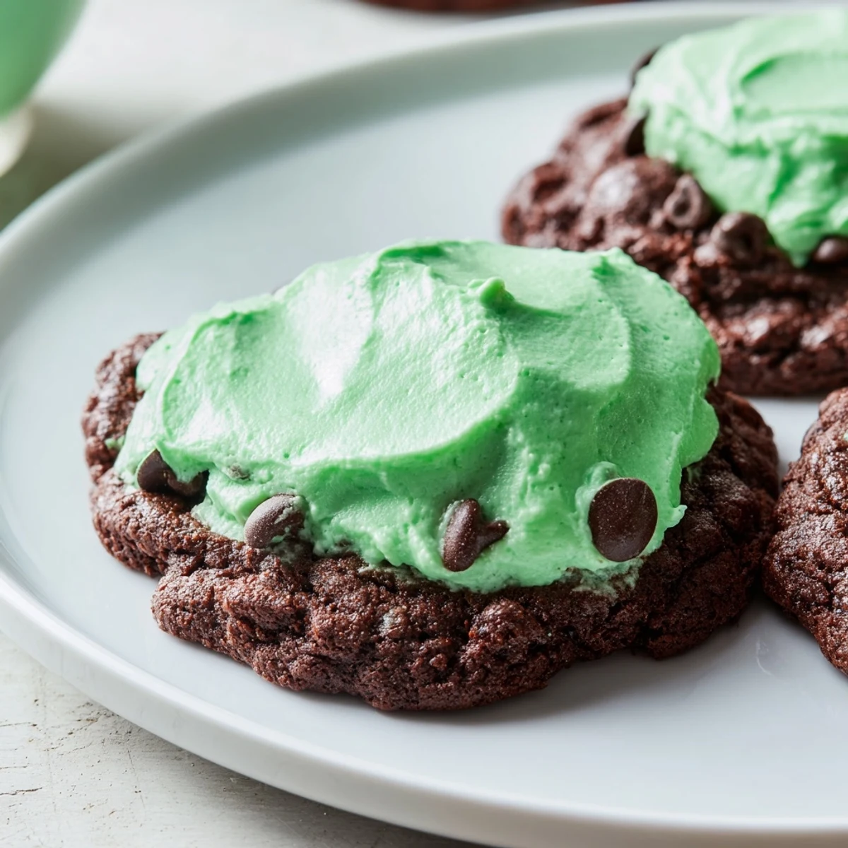 Homemade chocolate mint cookies with creamy green frosting, ideal for St. Patrick's Day celebrations or sweet snacking.