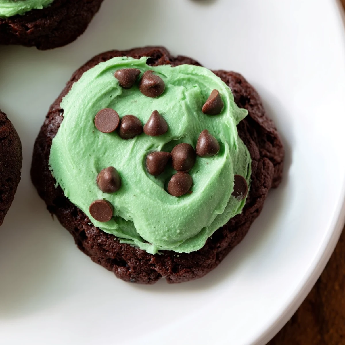 Close-up of rich chocolate cookies with cool mint frosting, showcasing a fudgy texture and bright, minty aroma.