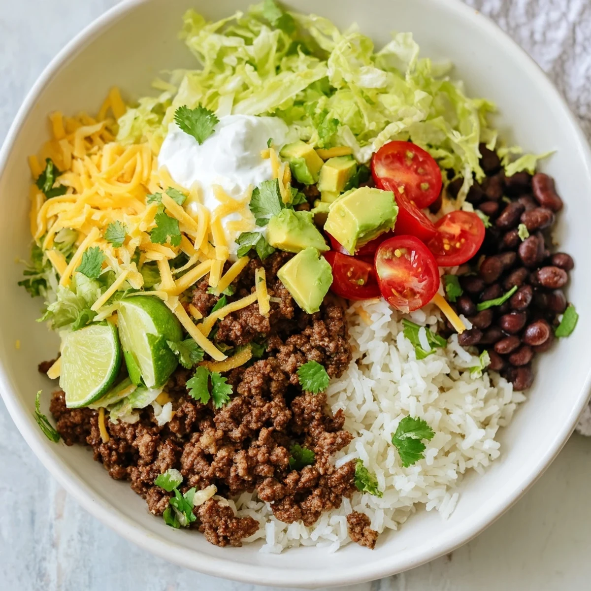 A vibrant bowl of Beef Burrito Bowls with Rice and Beans, topped with fresh avocado, cherry tomatoes, and a dollop of sour cream.  