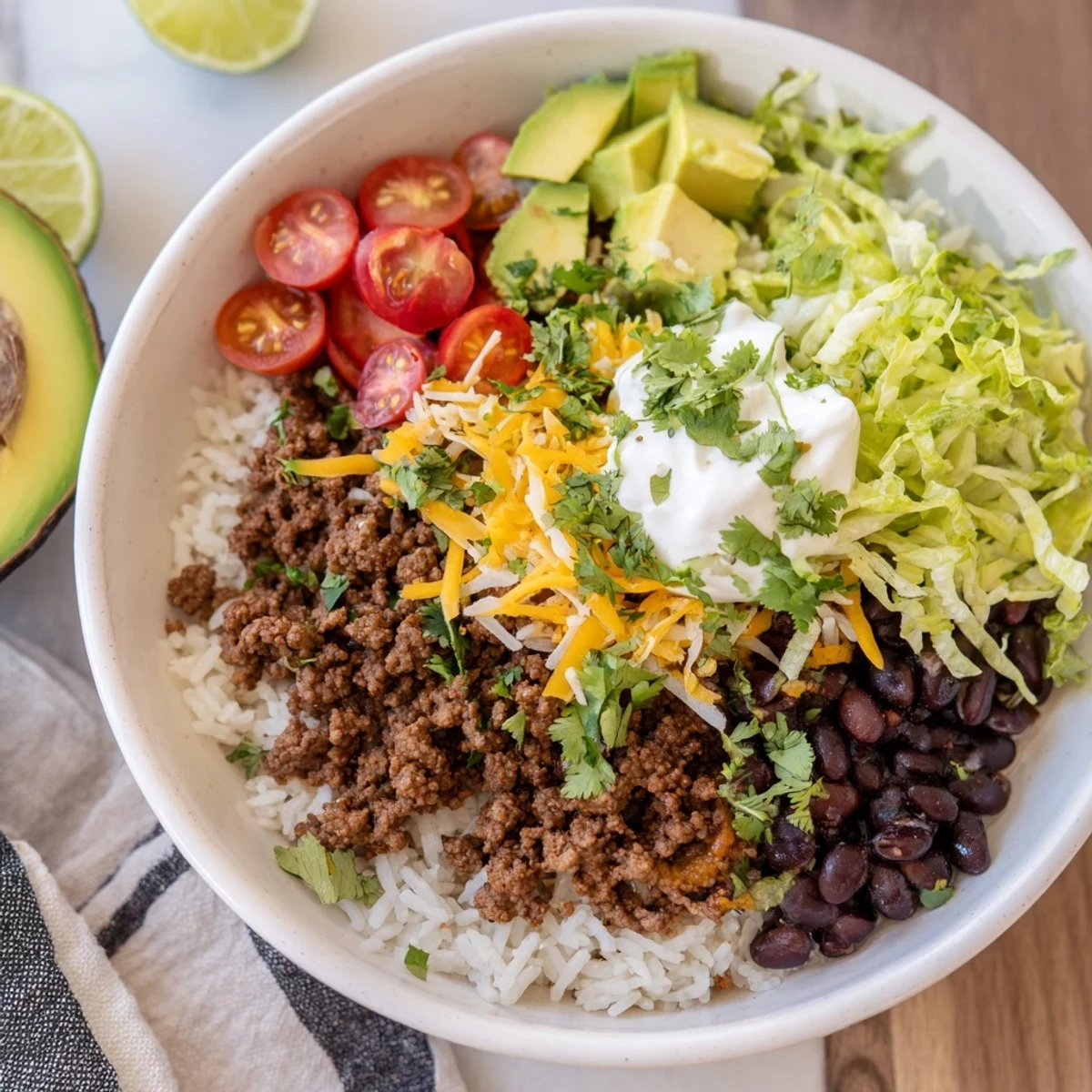 Hearty Beef Burrito Bowls with Rice and Beans feature seasoned ground beef, fluffy rice, and black beans layered with shredded lettuce.  