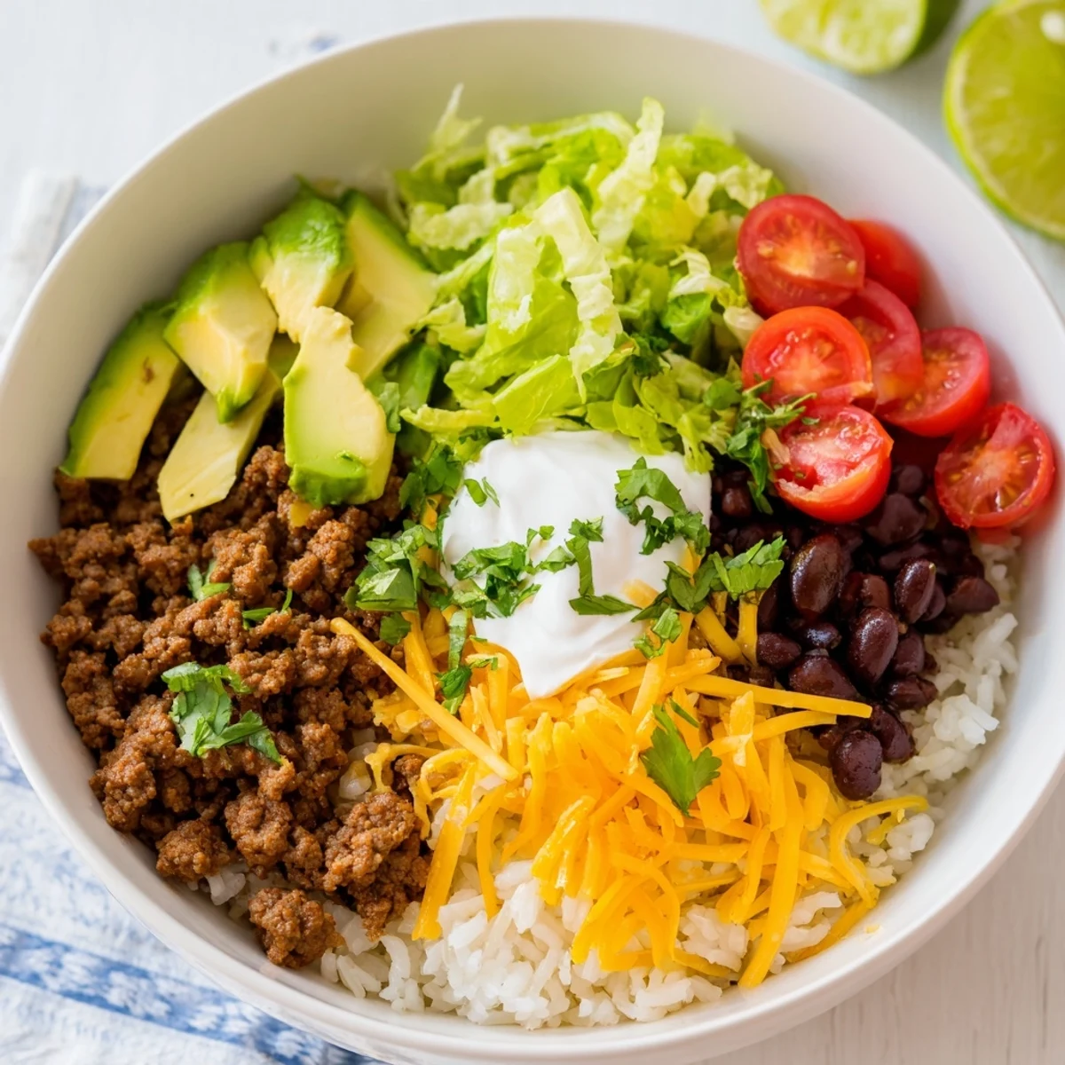 Family-friendly Beef Burrito Bowls with Rice and Beans served with lime wedges and cilantro for a customizable Mexican-inspired dinner.