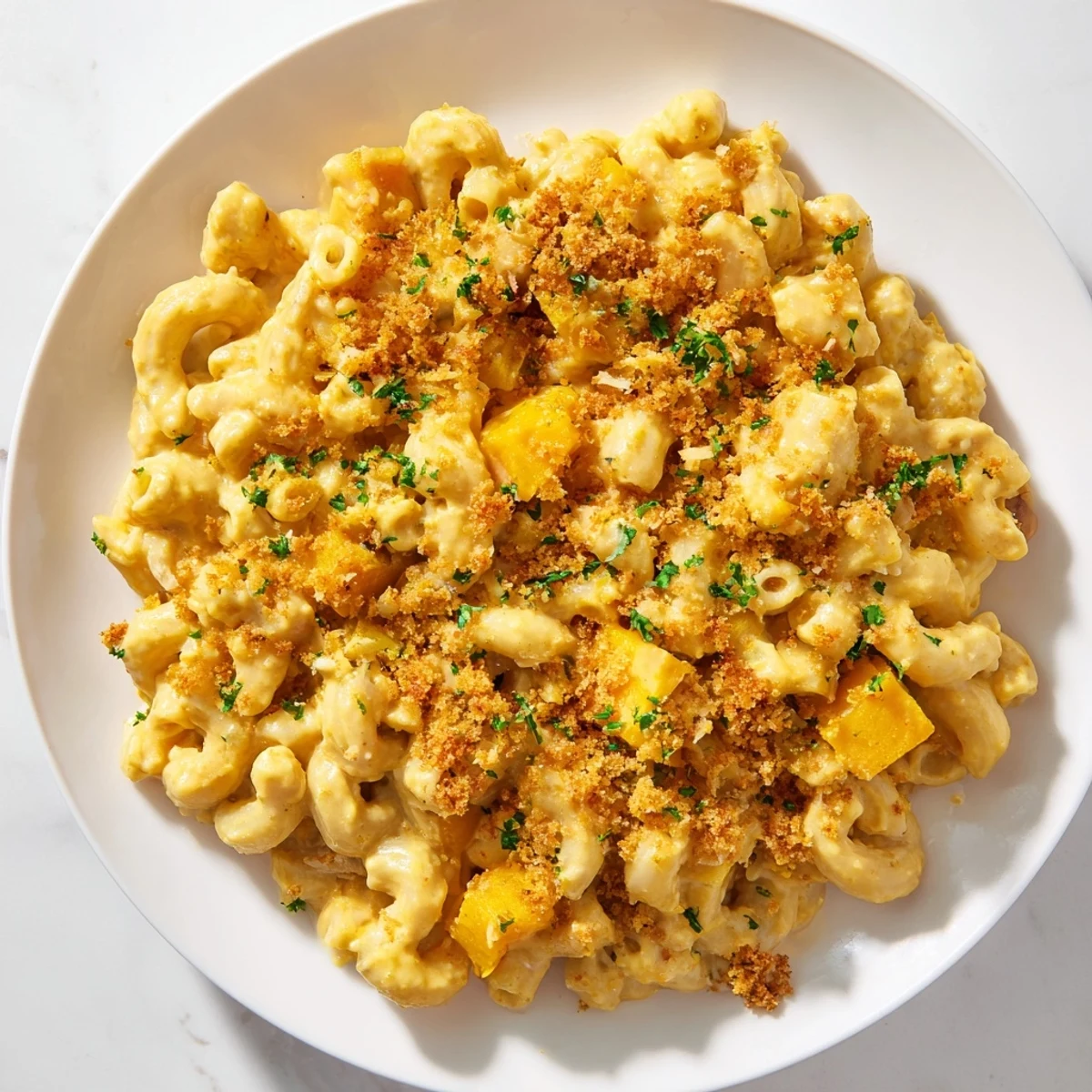 The roasted orange squash cubes and chopped parsley garnish add fresh color to this easy, comforting Vegan Butternut Squash Mac and Cheese.