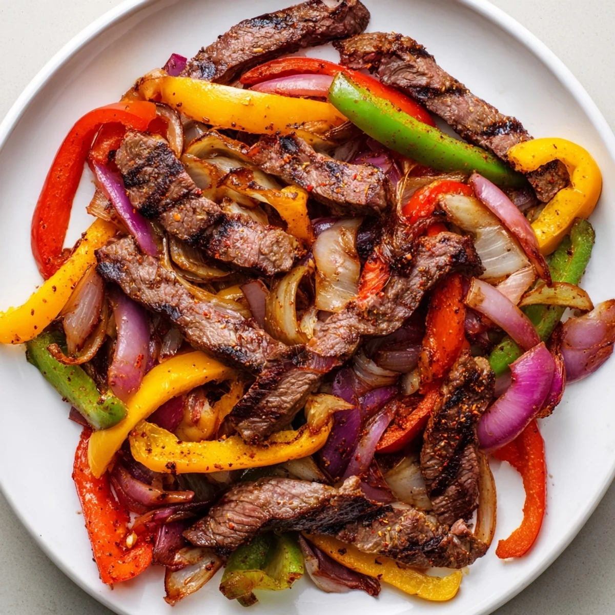 Sizzling Sheet Pan Steak Fajitas with Bell Peppers are ready to serve in warm tortillas with fresh cilantro and lime wedges.