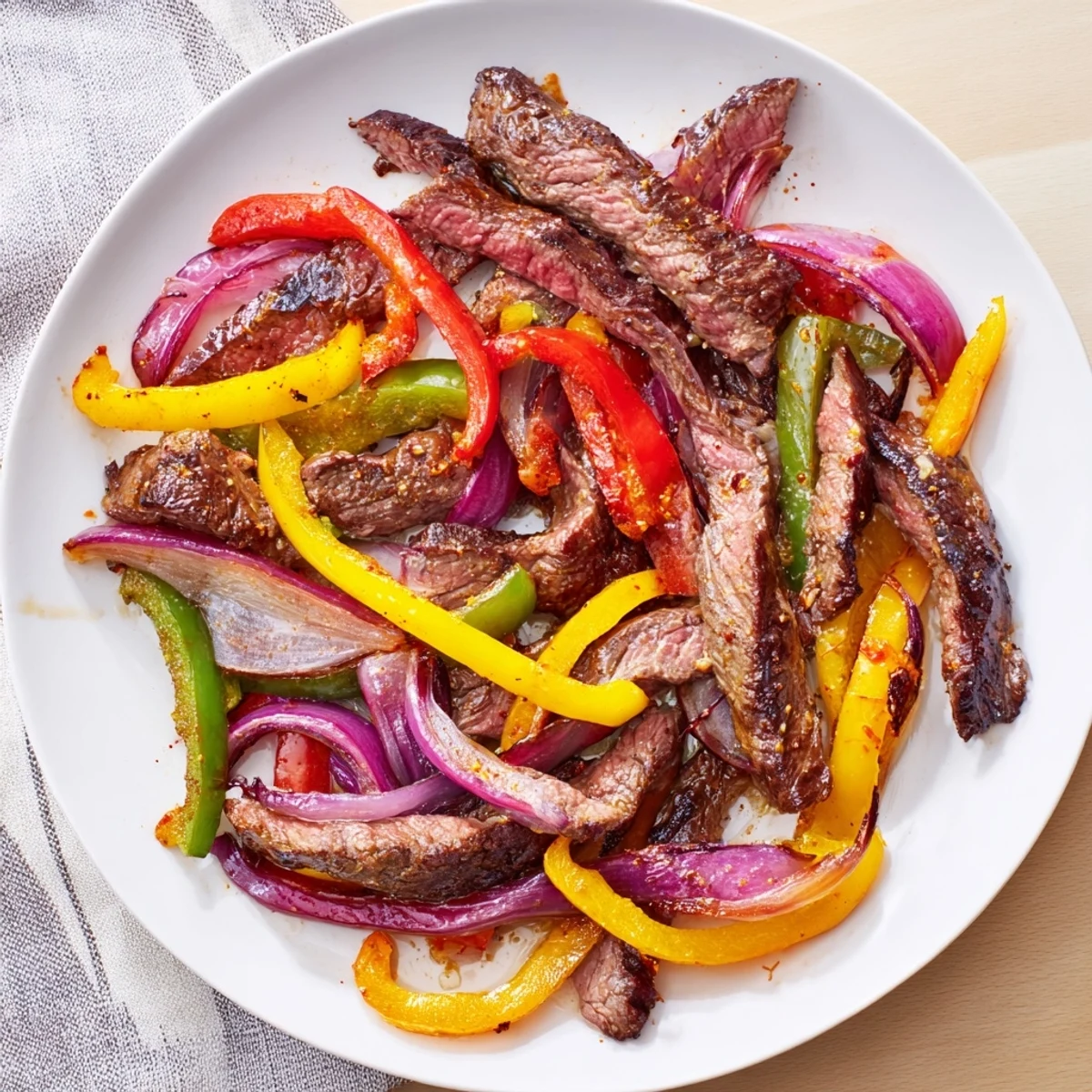 Close-up of juicy Sheet Pan Steak Fajitas with Bell Peppers and melted cheese topping on a colorful Tex-Mex plate.