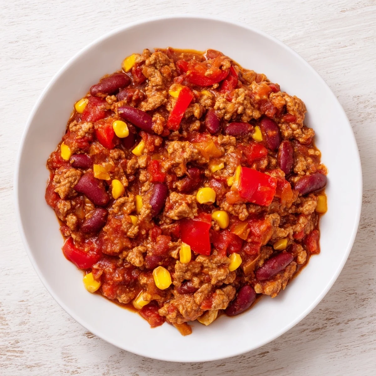 Steaming bowl of Turkey Chili with Kidney Beans and Corn, topped with cilantro and lime.