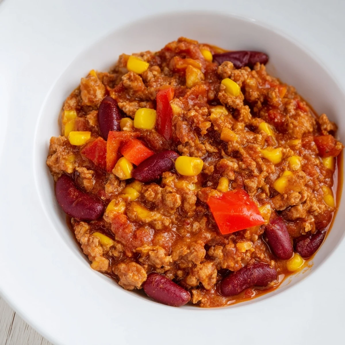 Hearty Turkey Chili with Kidney Beans and Corn in a pot, garnished with jalapeños.