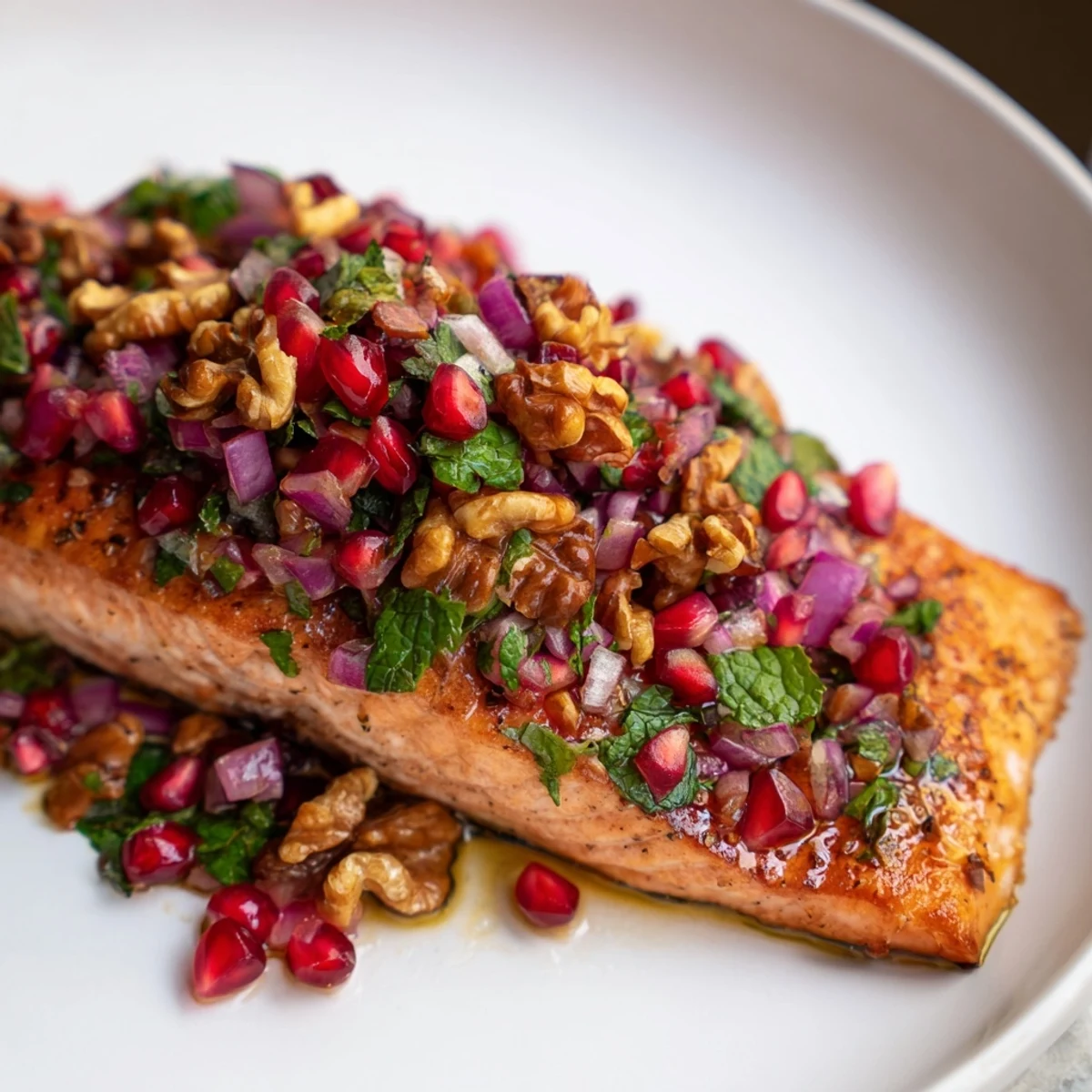 Golden-brown baked salmon fillets topped with bright red pomegranate seeds and chopped walnuts on a white plate.