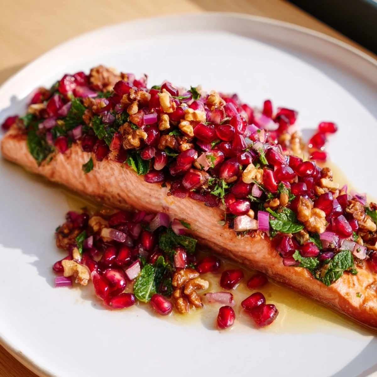 Freshly baked salmon with pomegranate walnut salsa garnished with parsley, served alongside a simple green salad.