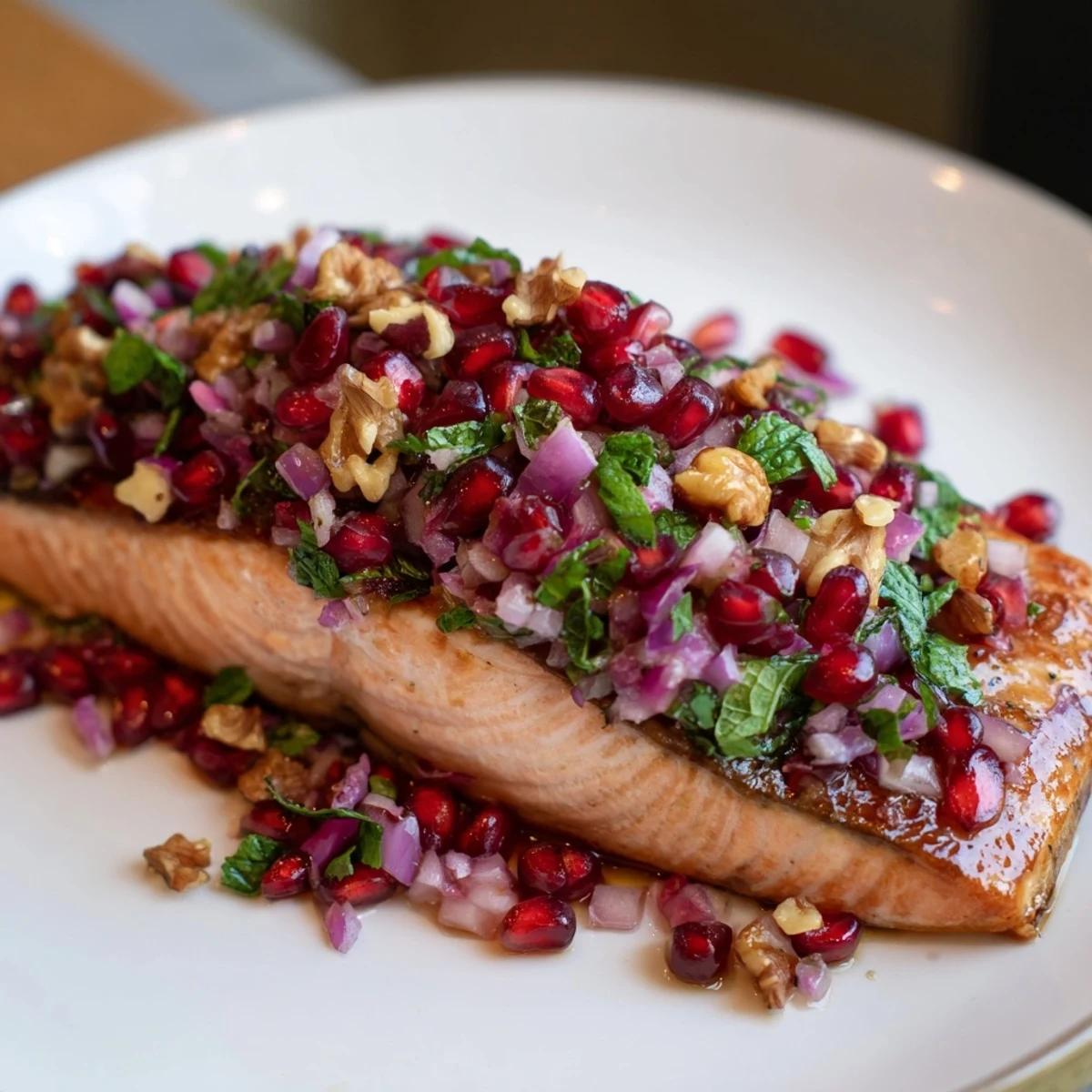 A close-up of tender flaky salmon fillet covered in vibrant pomegranate arils and crunchy walnuts for a healthy dinner.