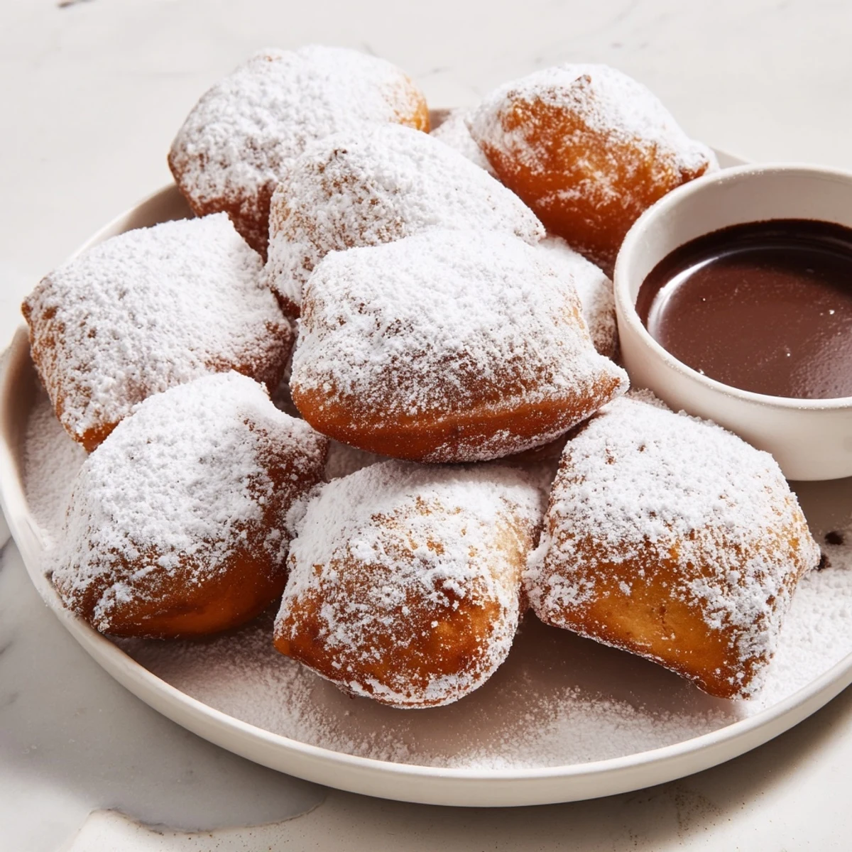 Warm, powdered sugar-dusted Mardi Gras Beignets with Chocolate Sauce arranged on a plate, ready to dip.