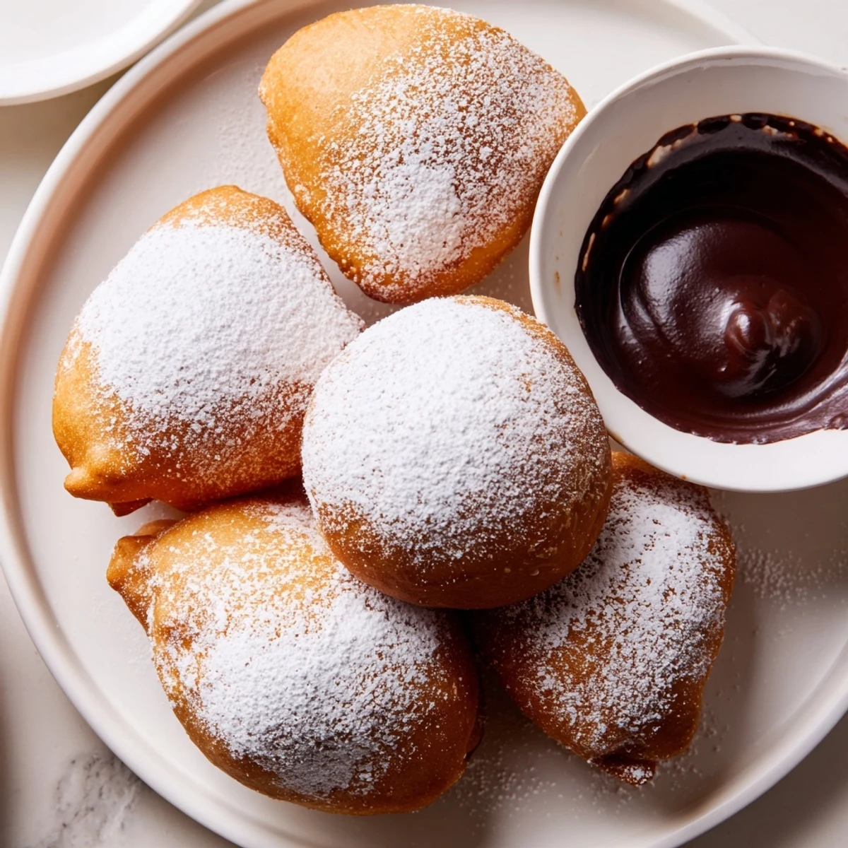 Golden-brown Mardi Gras Beignets with Chocolate Sauce served warm, drizzled with a glossy chocolate dip.