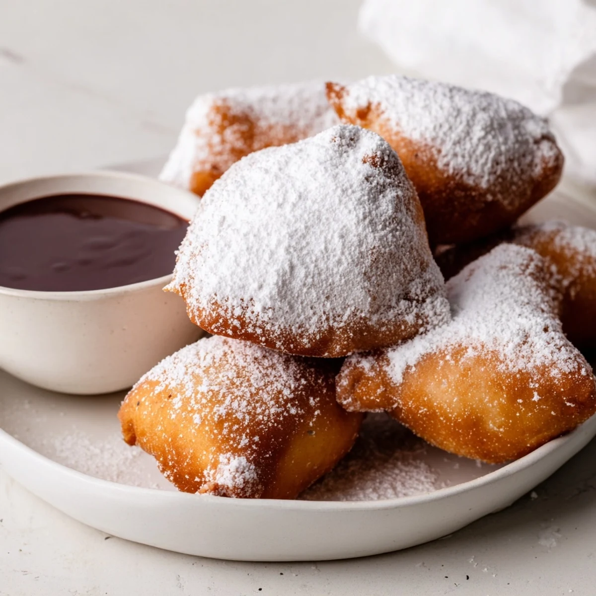 Soft, pillowy Mardi Gras Beignets with Chocolate Sauce on a festive Mardi Gras table setup.