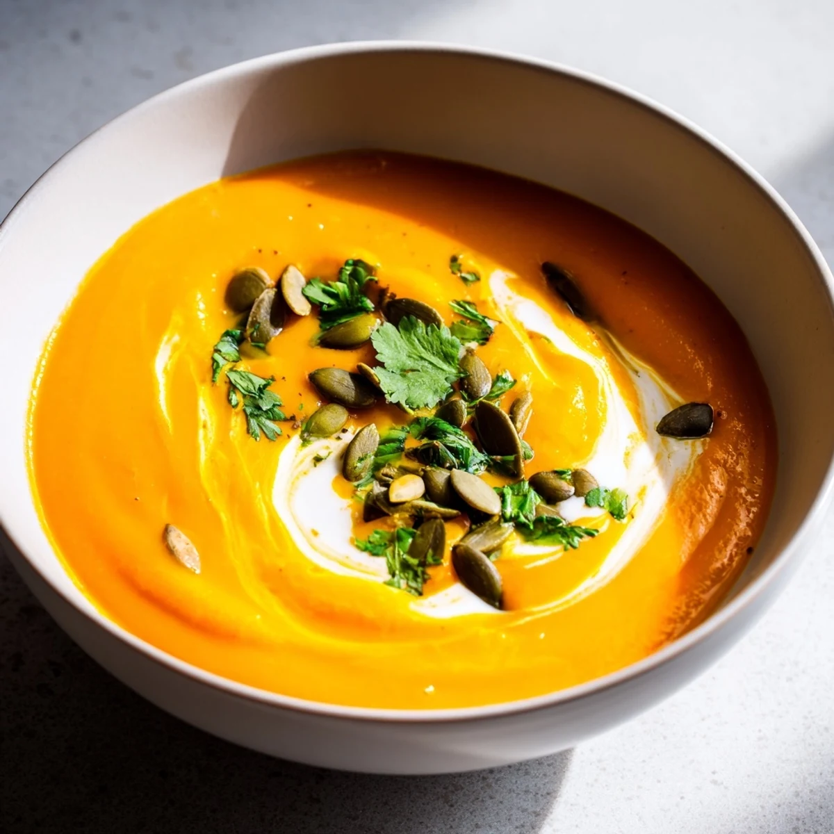 A bowl of creamy Carrot and Ginger Soup with Coconut Milk garnished with cilantro and pumpkin seeds.