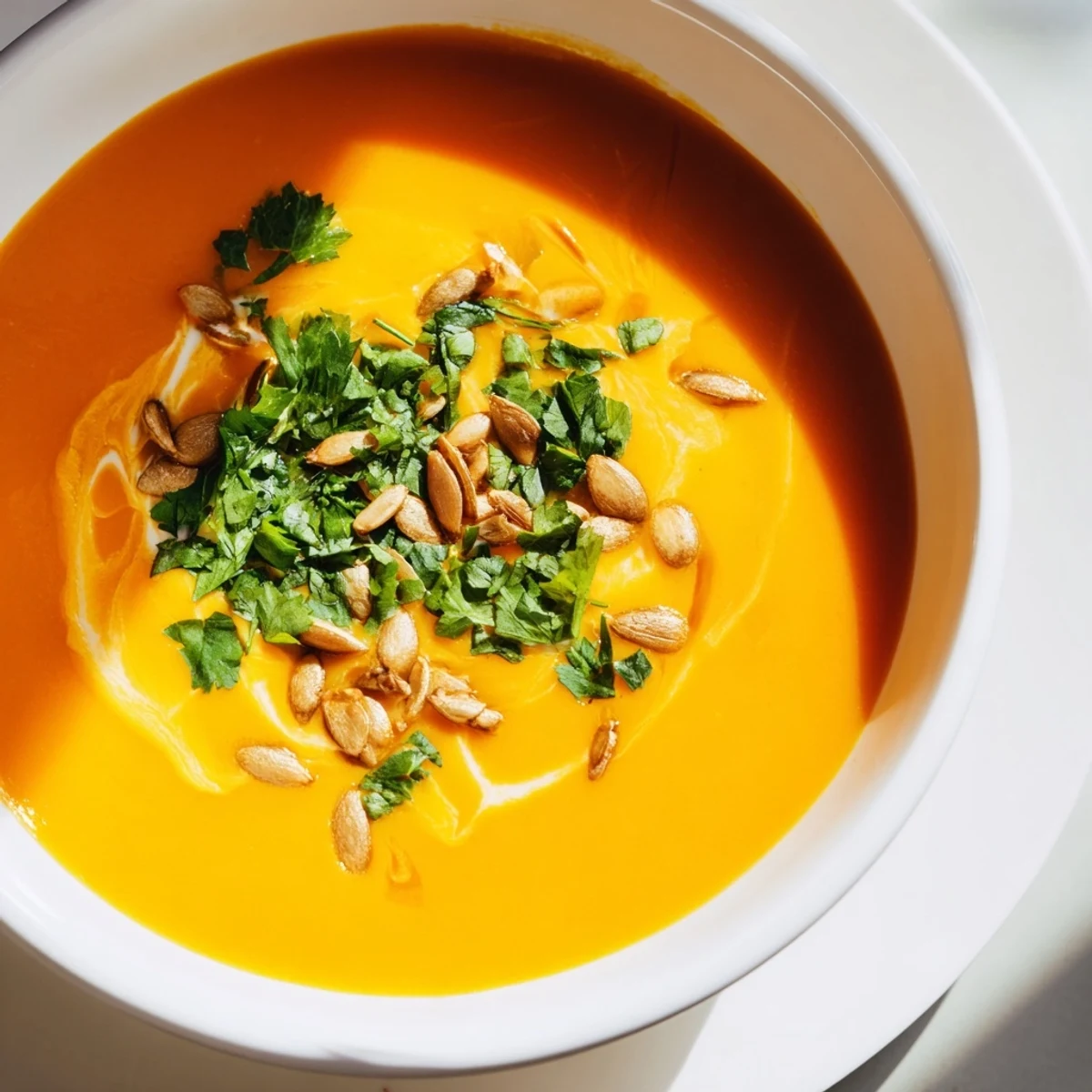 Steam rises from the silky Carrot and Ginger Soup with Coconut Milk beside a slice of crusty bread.