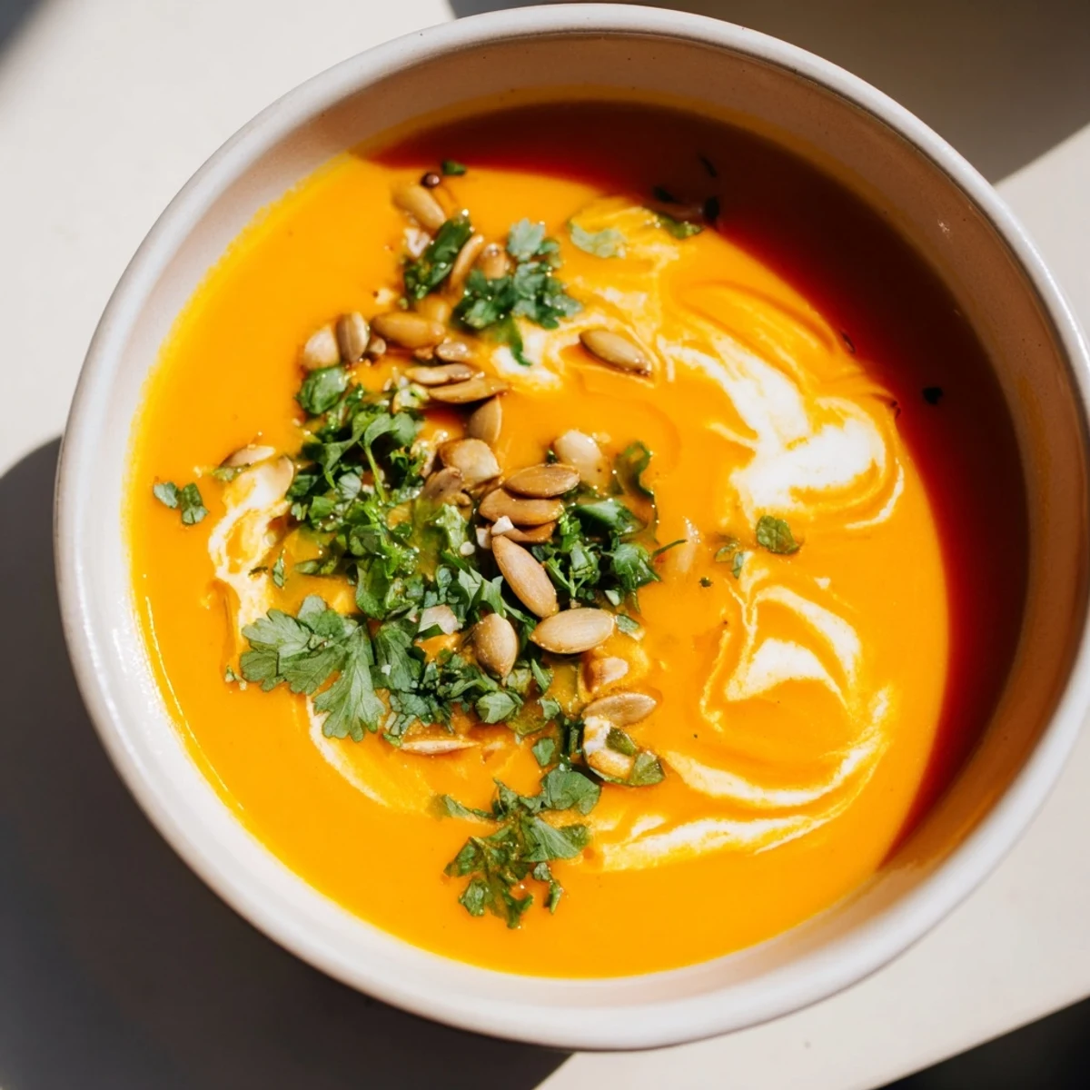 Vibrant orange Carrot and Ginger Soup with Coconut Milk served in a rustic bowl with a spoon.