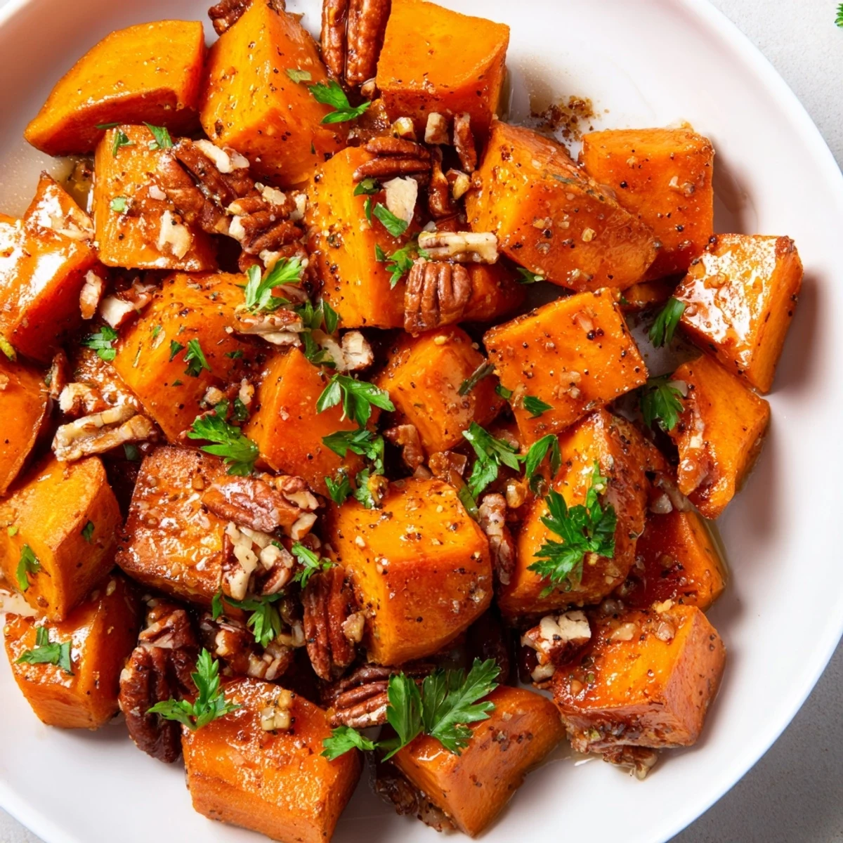 Golden roasted sweet potato cubes glistening with maple glaze and topped with toasted pecan pieces. Roasted Sweet Potatoes with Maple and Pecans ready to serve.