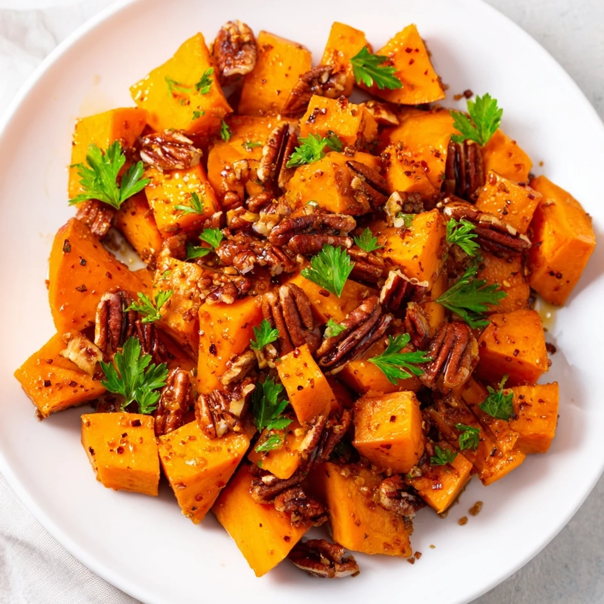 Close-up of Roasted Sweet Potatoes with Maple and Pecans showing caramelized edges and crunchy pecans on a rustic platter.