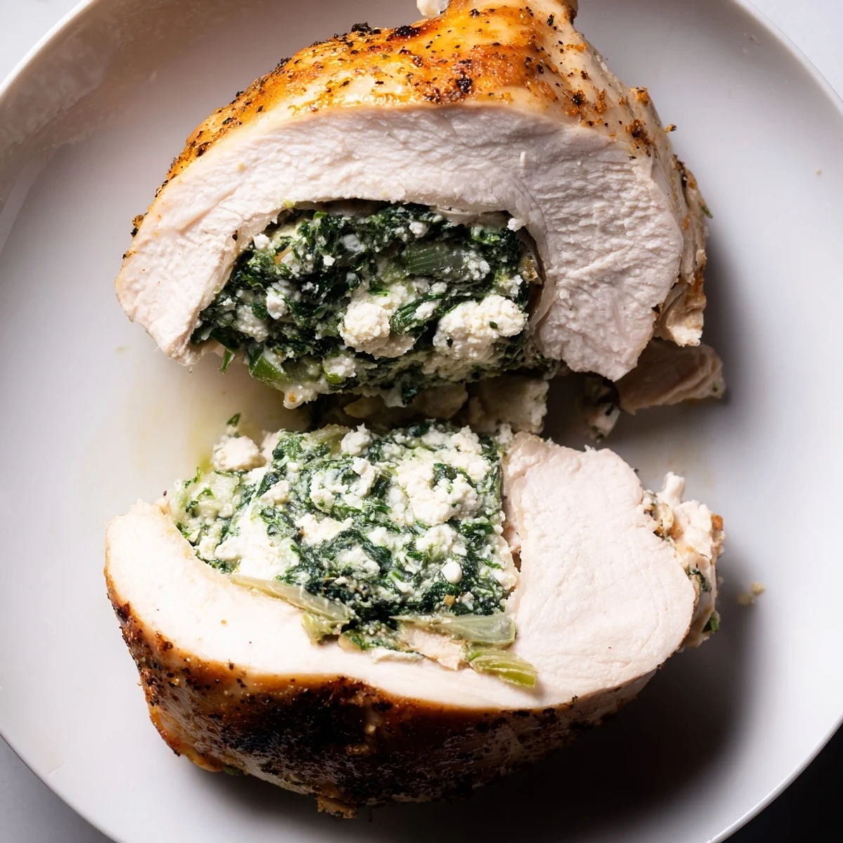 Golden-brown spinach and feta stuffed chicken breast sliced open on a white plate, revealing a creamy, herb-filled center.