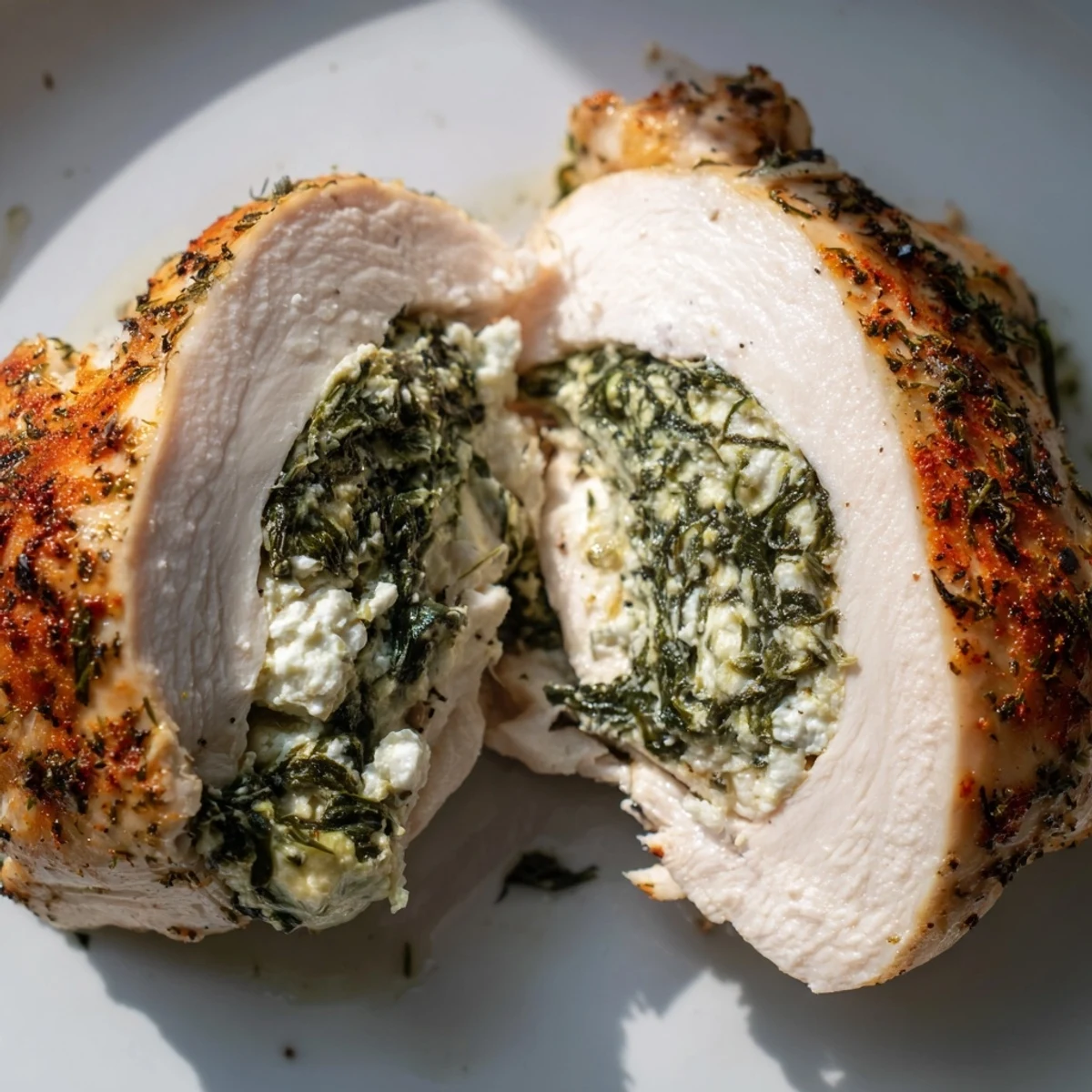 Spinach and feta stuffed chicken breast fresh from the oven, garnished with parsley and served alongside a colorful salad.