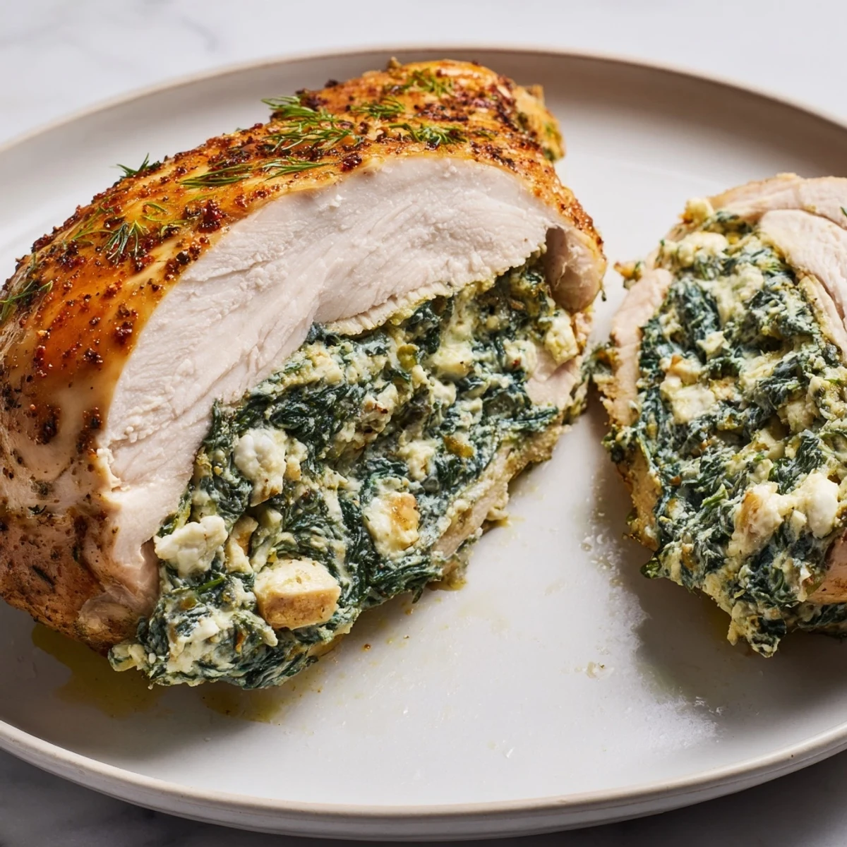 Juicy Mediterranean spinach and feta stuffed chicken breast resting on a rustic wooden board with lemon slices.