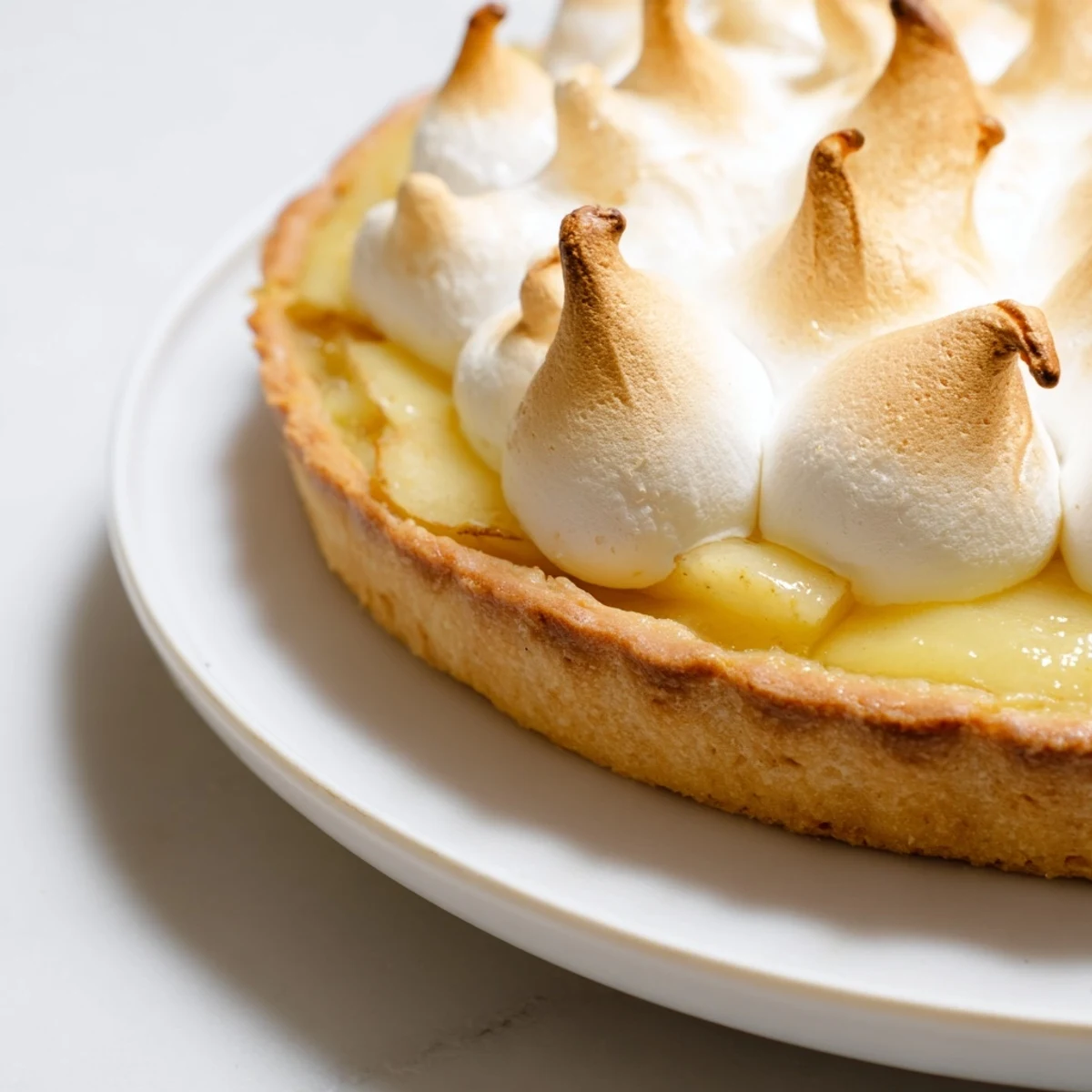 A slice of Irish Apple Amber Tart shows golden meringue peaks atop baked apple filling inside a flaky crust.