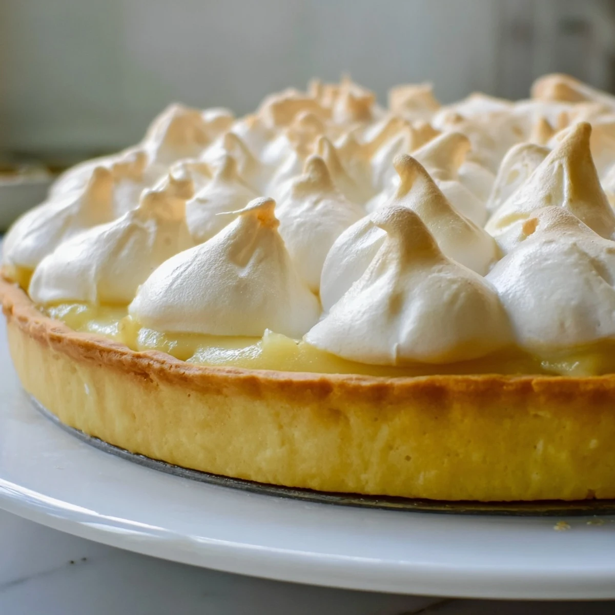 Close-up of Irish Apple Amber Tart highlighting crisp pastry and fluffy meringue, baked to perfection.