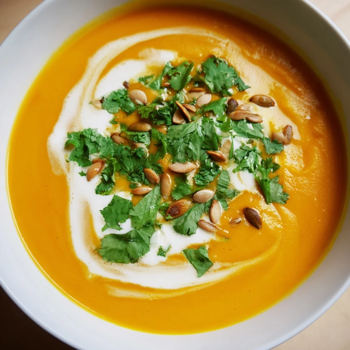 A bowl of Carrot and Ginger Soup with Coconut Cream garnished with herbs and a swirl of cream.