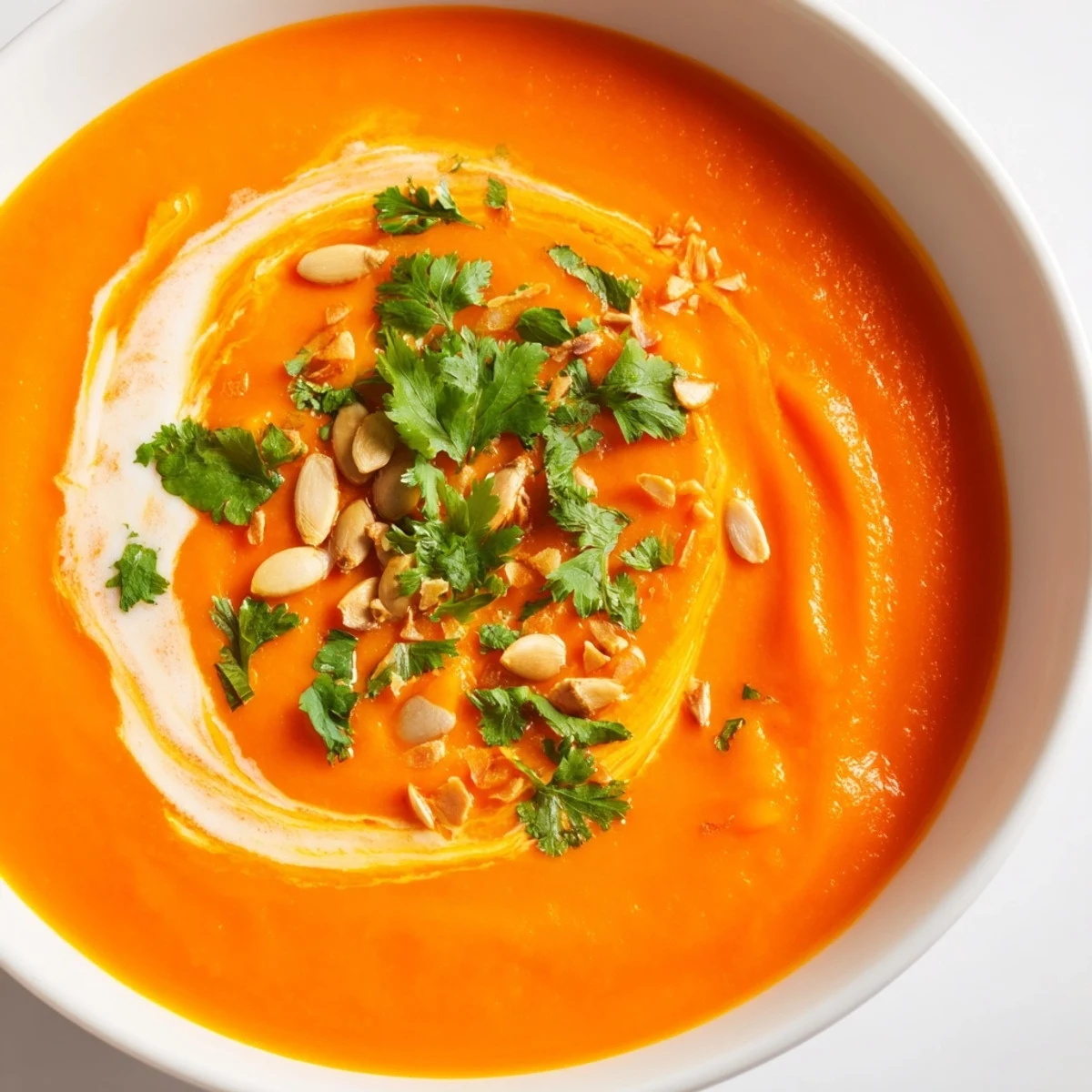 Vibrant Carrot and Ginger Soup with Coconut Cream topped with herbs and toasted seeds.