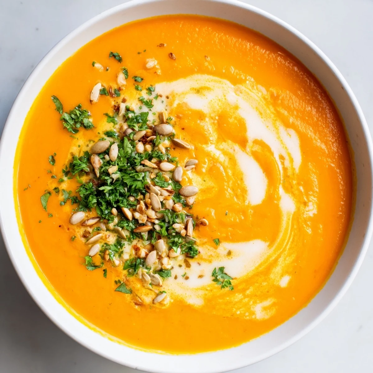 Creamy Carrot and Ginger Soup with Coconut Cream served steaming hot in a rustic bowl.