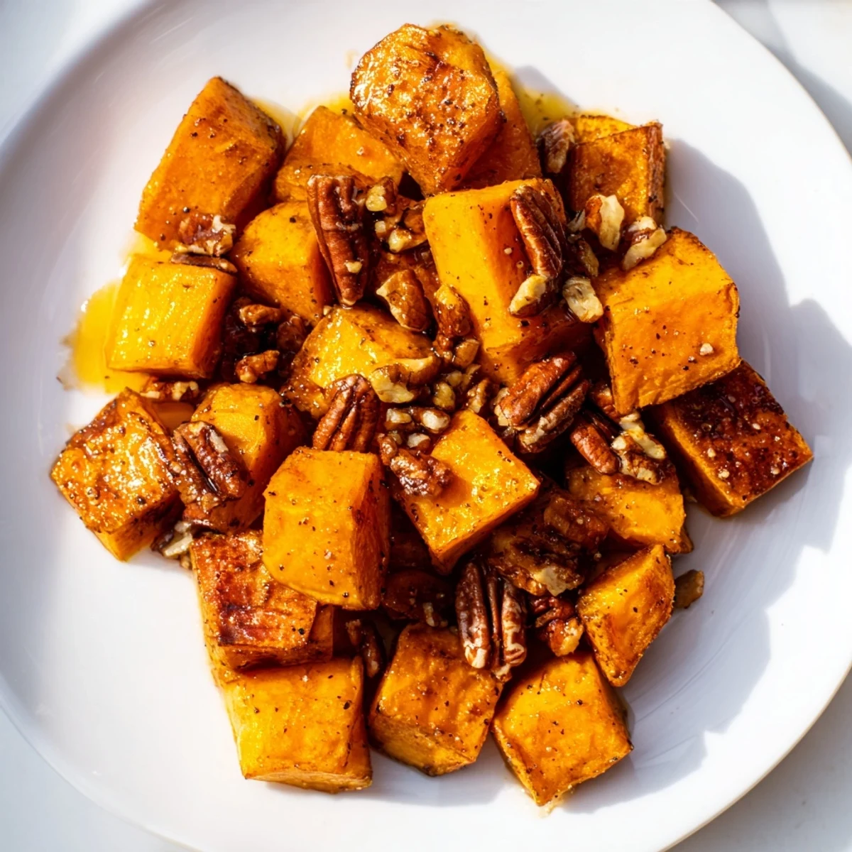 A close-up of Roasted Sweet Potatoes with Maple Pecan Glaze shows tender, caramelized chunks drizzled in a glossy, nutty sauce, ready to be served.