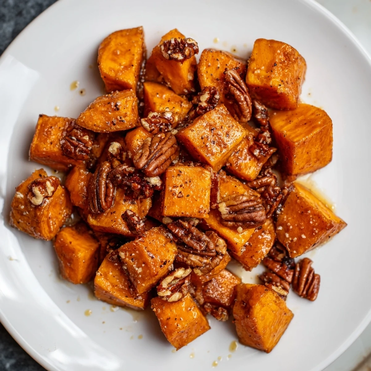 Golden cubes of Roasted Sweet Potatoes with Maple Pecan Glaze glisten on a white plate, topped with toasted pecan pieces for a sweet and savory side dish.