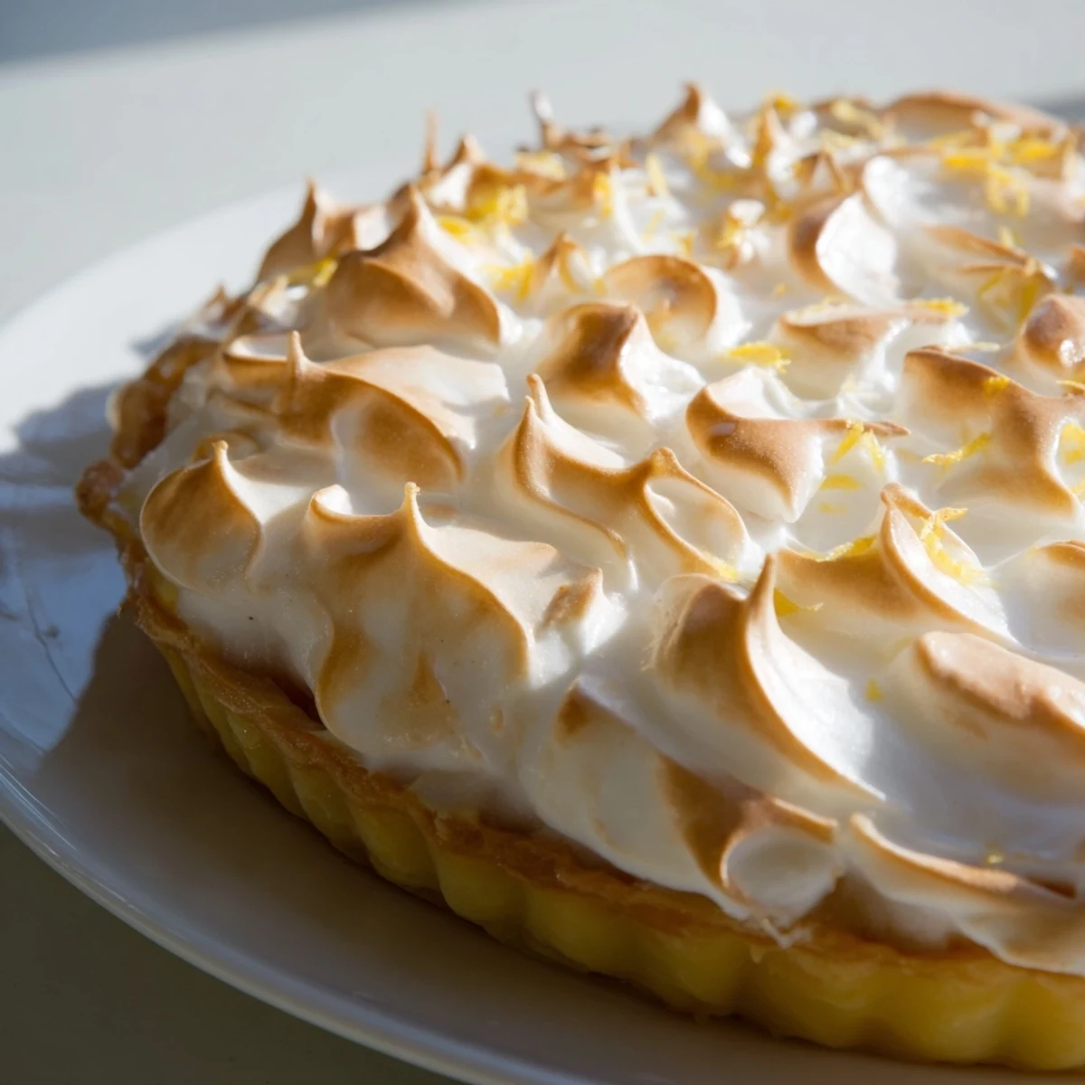 A close-up of the Irish Apple Amber Tart reveals flaky pastry and fluffy, caramelized meringue peaks.
