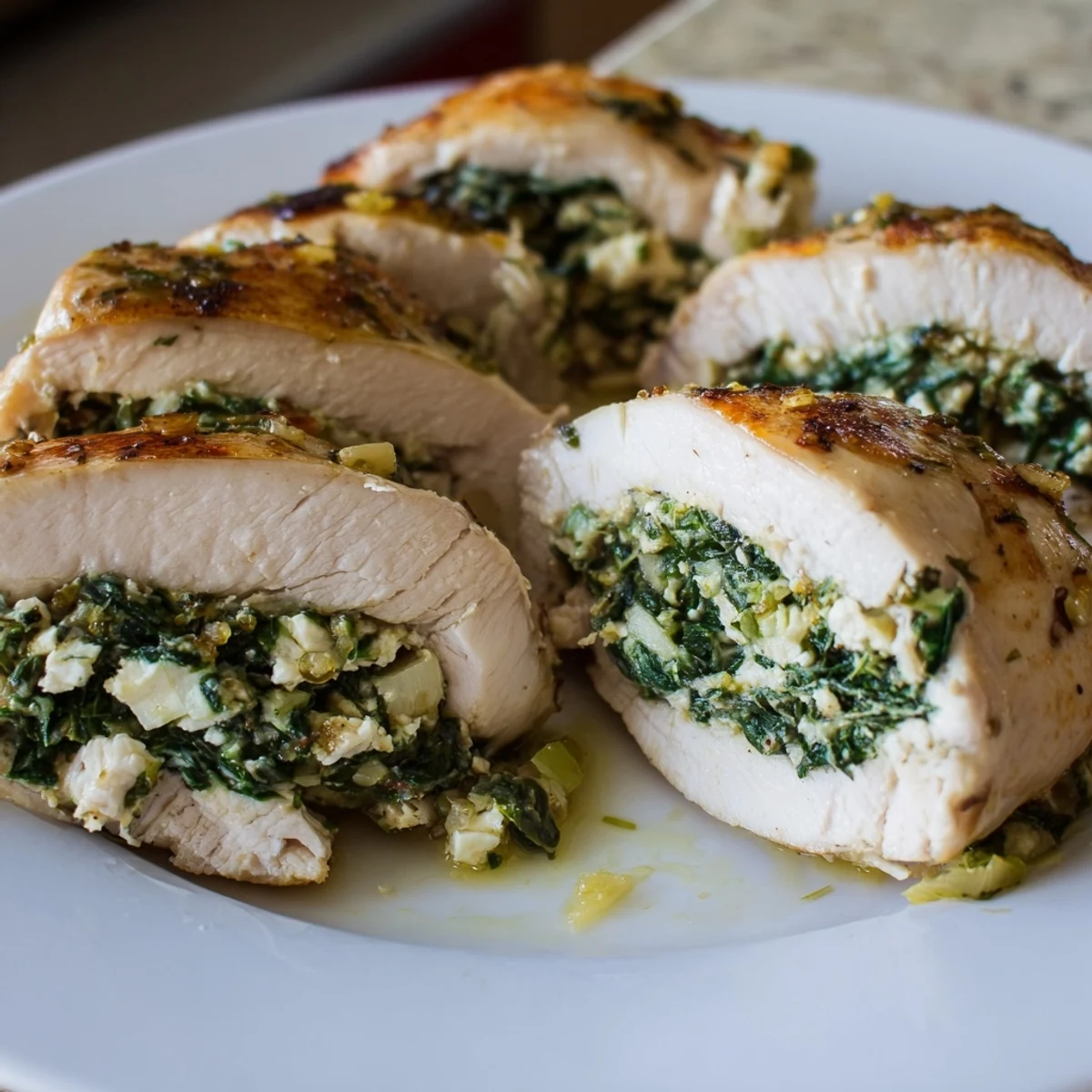 A close-up of Spinach and Feta Stuffed Chicken Breast showcases the vibrant green spinach and creamy feta spilling from a seared golden crust.